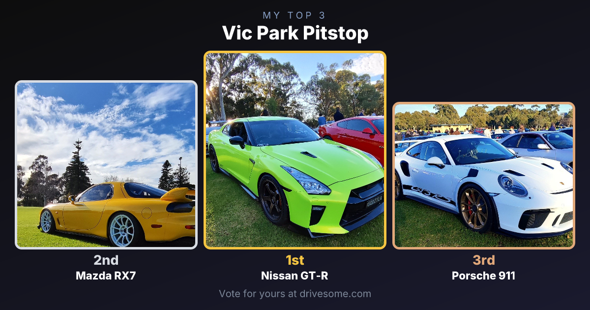 My top 3 at Vic Park Pitstop:

1st: Nissan GT-R R35
2nd: Mazda RX-7 FD Type R
3rd: Porsche 911 991.2 GT3 RS

Think you'd