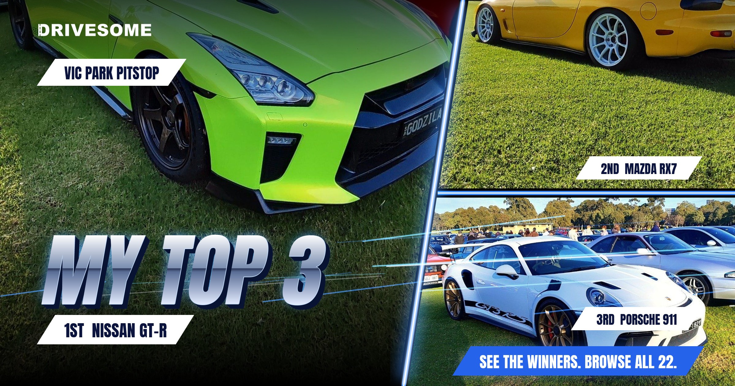 My top 3 at Vic Park Pitstop:

1st: Nissan GT-R
2nd: Mazda RX7
3rd: Porsche 911 991.2

Think you'd pick differently? Vot