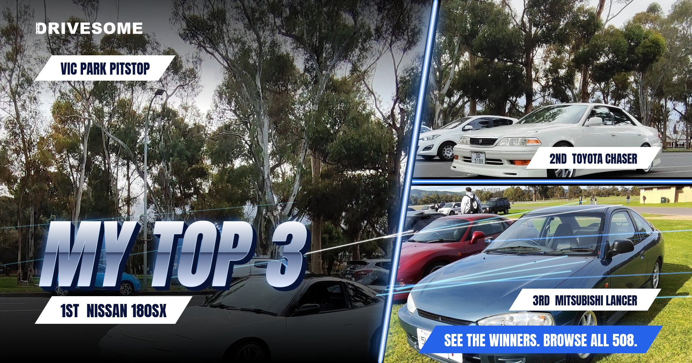 My top 3 at Vic Park Pitstop:
1st: Nissan 180SX S13
2nd: Toyota Chaser X100 #1
3rd: Mitsubishi Lancer #3
Think you'd p