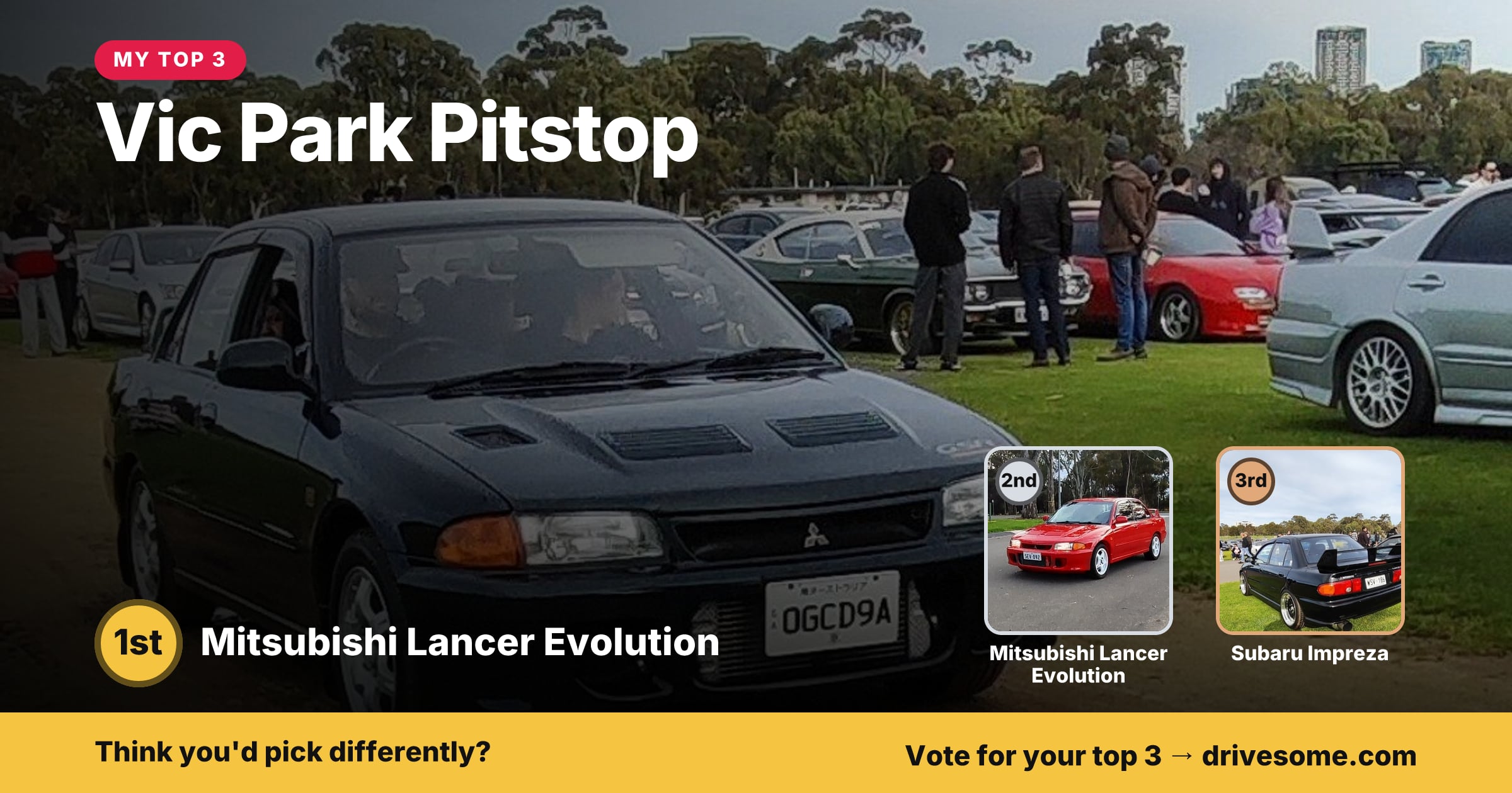My top 3 at Vic Park Pitstop:

1st: Mitsubishi Lancer Evolution X #2
2nd: Mitsubishi Lancer Evolution X #1
3rd: Subaru I