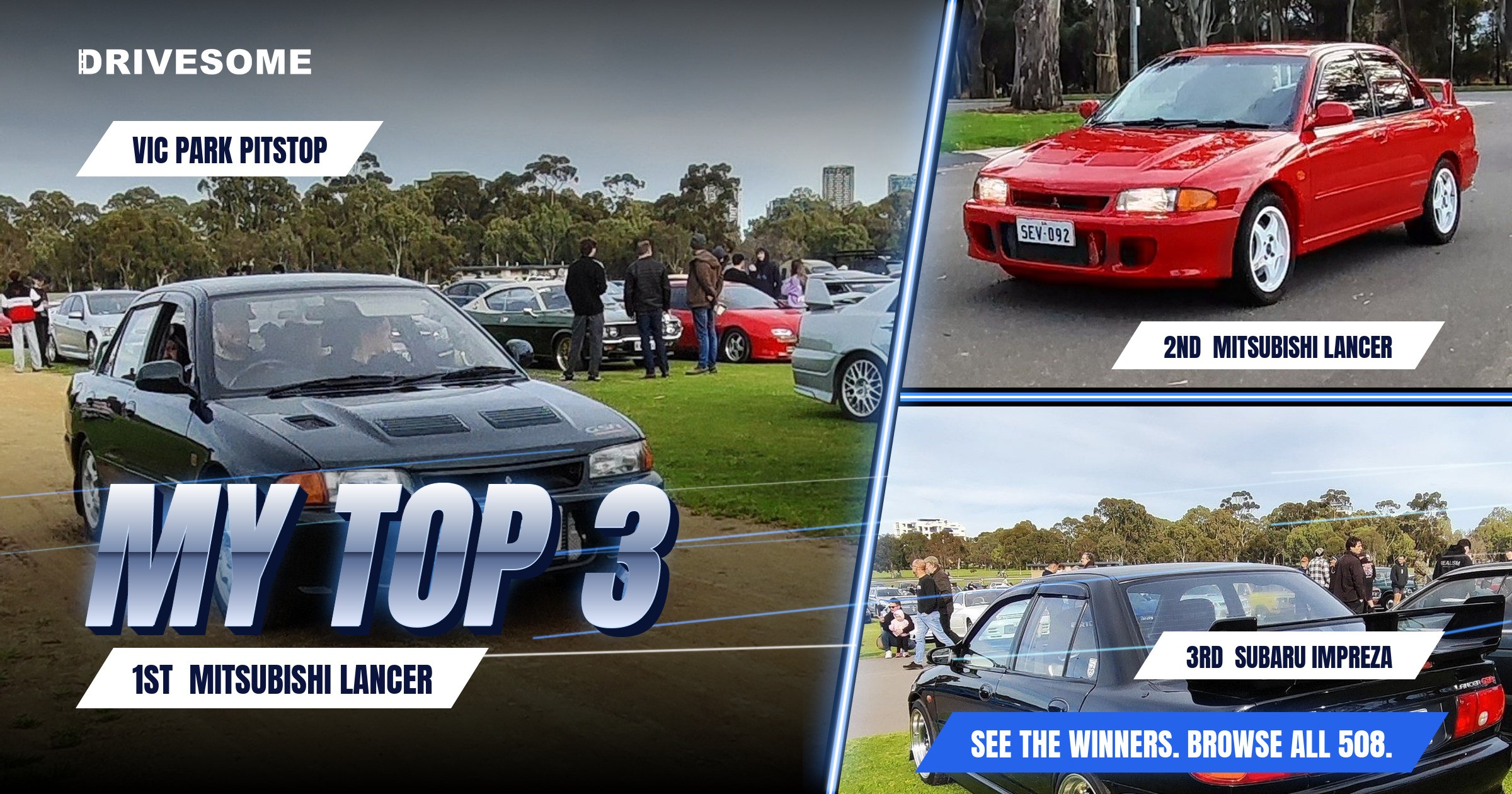 My top 3 at Vic Park Pitstop:
1st: Mitsubishi Lancer Evolution X #2
2nd: Mitsubishi Lancer Evolution X #1
3rd: Subaru I