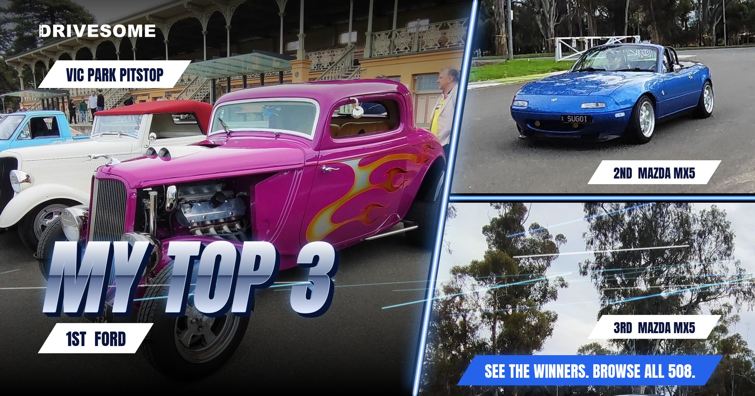 My top 3 at Vic Park Pitstop:
1st: Ford #3
2nd: Mazda MX5 NA #2
3rd: Mazda MX5 NB
Think you'd pick differently? Voting