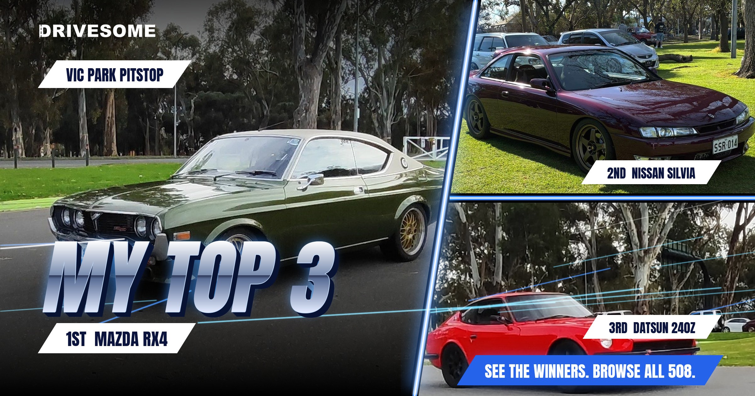 My top 3 at Vic Park Pitstop:

1st: Mazda RX4
2nd: Nissan Silvia S14 #1
3rd: Datsun 240Z

Think you'd pick differently? 