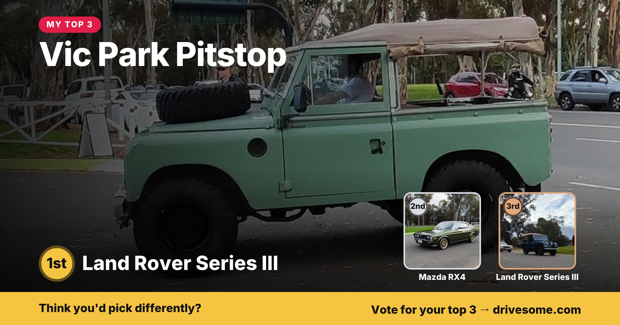 My top 3 at Vic Park Pitstop:
1st: Green Land Rover Series III
2nd: Mazda RX4
3rd: Blue Land Rover Series III
Think yo