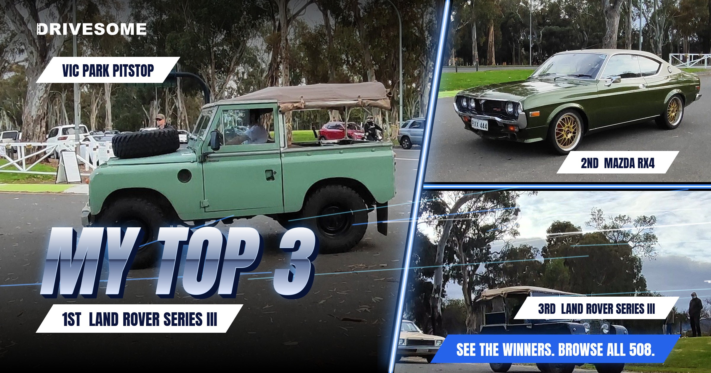 My top 3 at Vic Park Pitstop:

1st: Green Land Rover Series III
2nd: Mazda RX4
3rd: Blue Land Rover Series III

Think yo