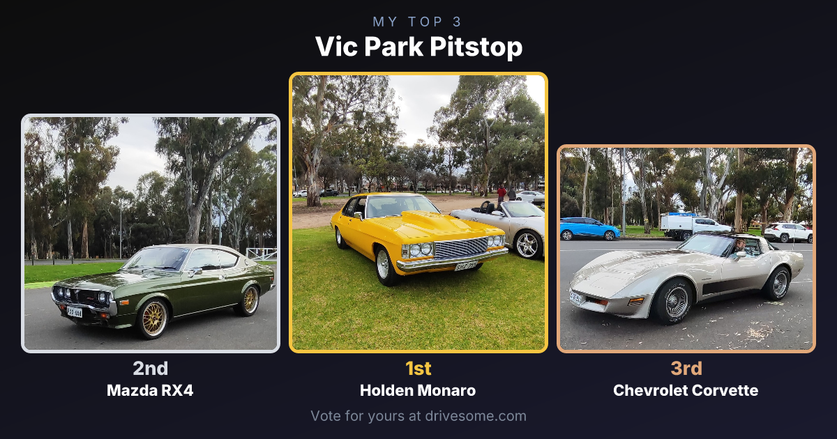 My top 3 at Vic Park Pitstop:

1st: Holden Monaro #2
2nd: Mazda RX4
3rd: Chevrolet Corvette #9

Think you'd pick differe
