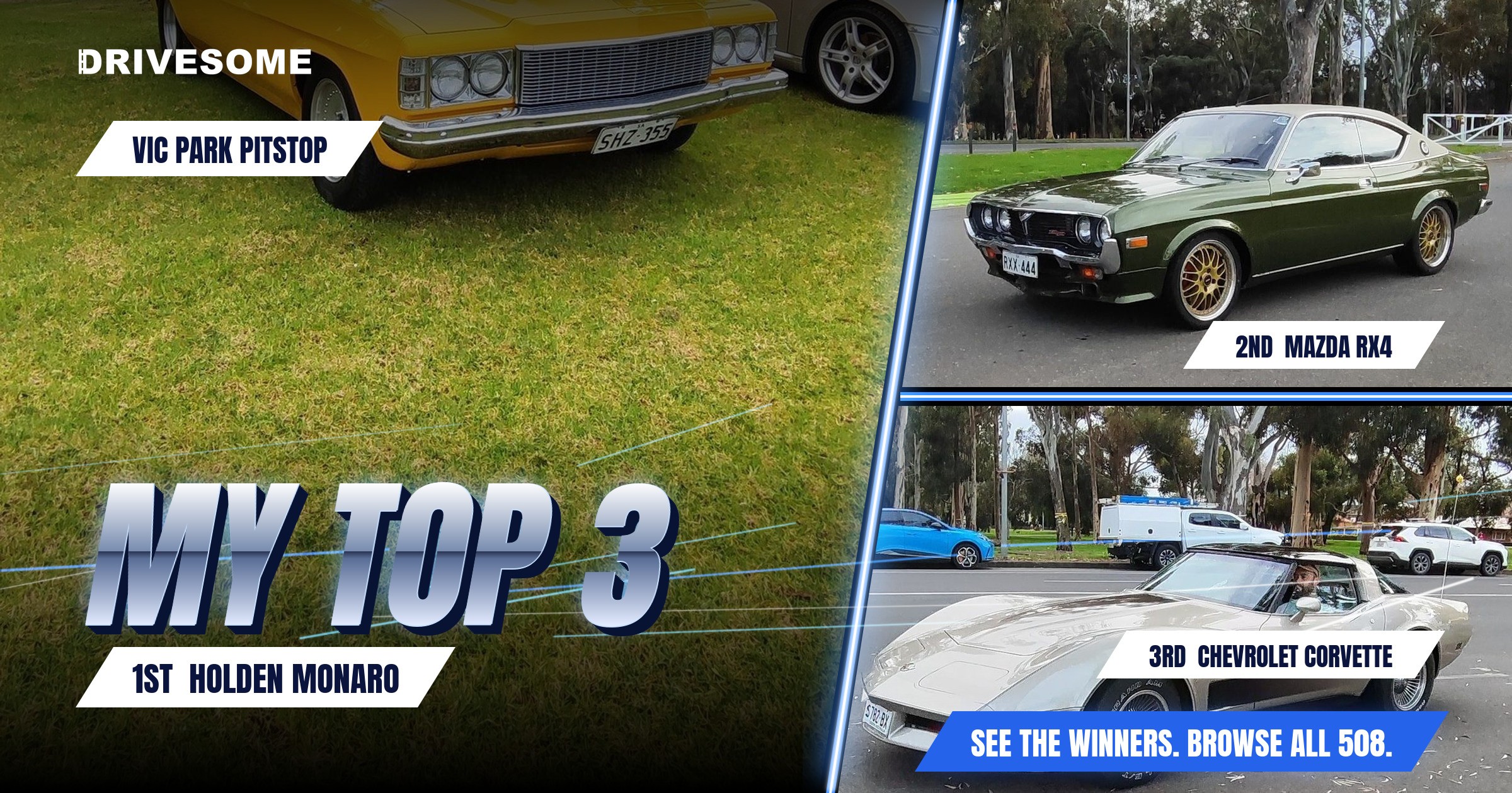 My top 3 at Vic Park Pitstop:
1st: Holden Monaro HZ
2nd: Mazda RX4
3rd: Beige Chevrolet Corvette C3
Think you'd pick d