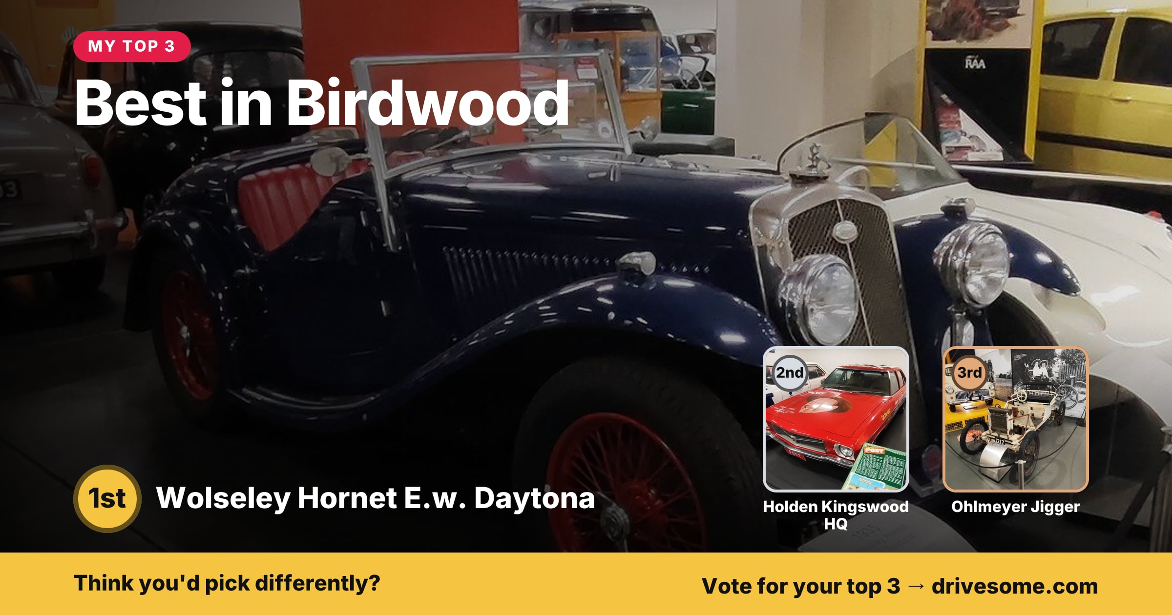 My top 3 at Best in Birdwood:

1st: Wolseley Hornet E.w. Daytona
2nd: Holden Kingswood HQ
3rd: Ohlmeyer Jigger

Think yo