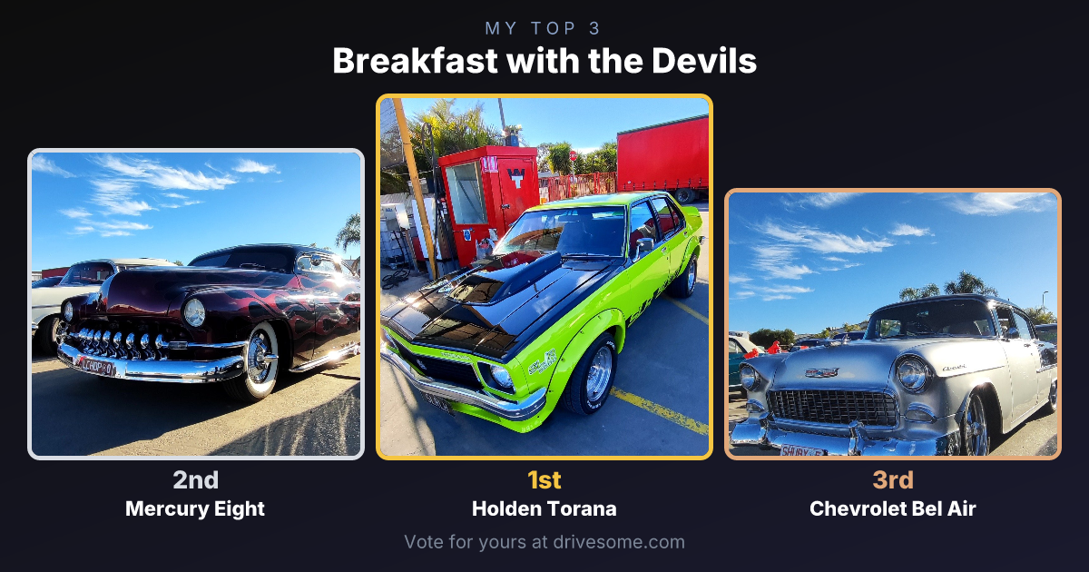 My top 3 at Breakfast with the Devils:

1st: Holden Torana LH SL/R 5000
2nd: Mercury Eight 3rd Gen Coupe (LCHOPO)
3rd: C