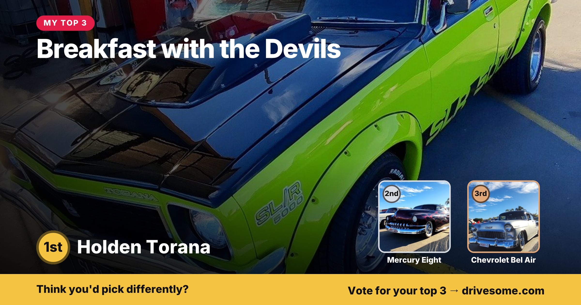 My top 3 at Breakfast with the Devils:
1st: Holden Torana
2nd: Maroon Mercury Eight 3rd Gen
3rd: Chevrolet Bel Air 2nd