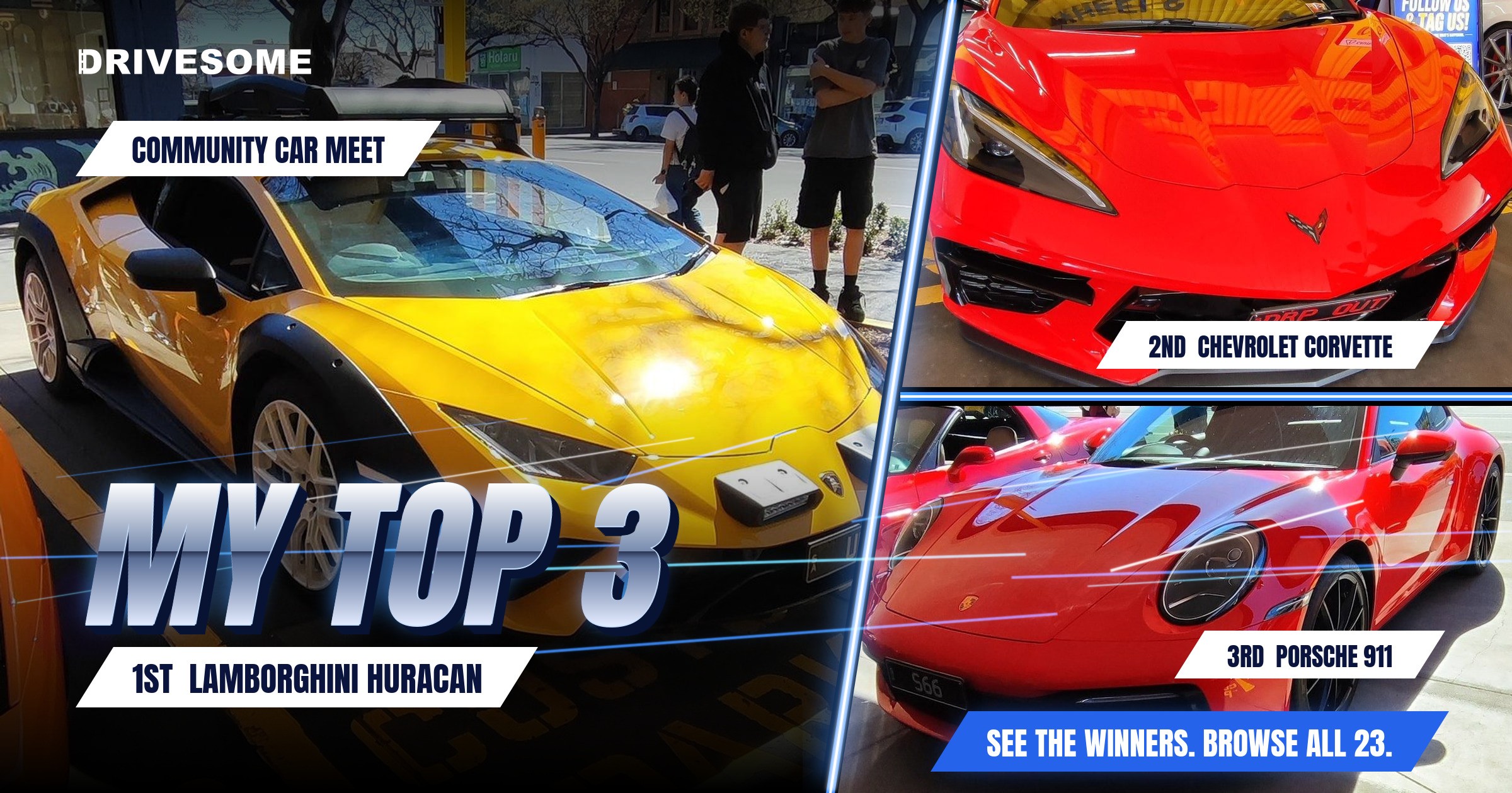 My top 3 at Community Car Meet:
1st: Lamborghini Huracan
2nd: Red Chevrolet Corvette C8
3rd: Red Porsche 911 992
Think