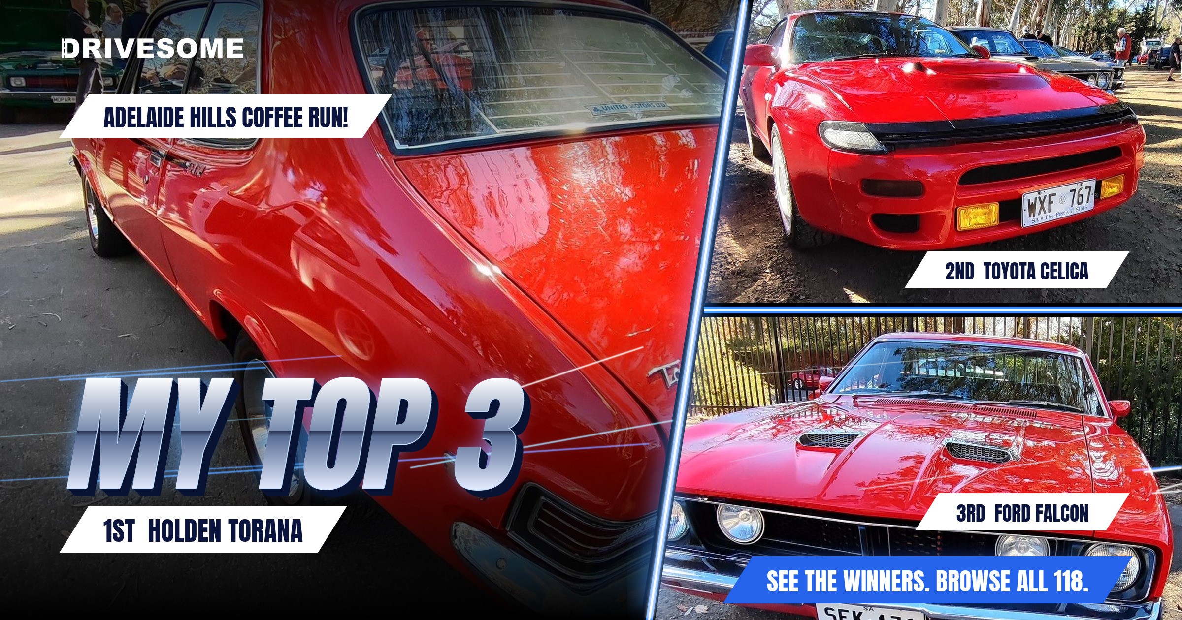 My top 3 at Adelaide Hills COFFEE RUN! Gumeracha:

1st: Holden Torana
2nd: Toyota Celica
3rd: Red Ford Falcon XB #2

Thi