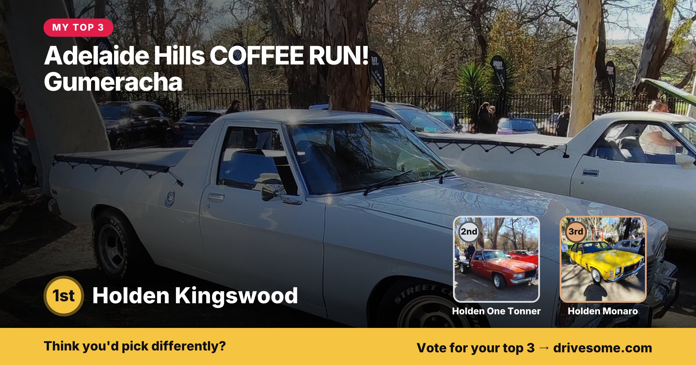 My top 3 at Adelaide Hills COFFEE RUN! Gumeracha:
1st: Holden Kingswood WB
2nd: Holden One Tonner
3rd: Yellow Holden Mo