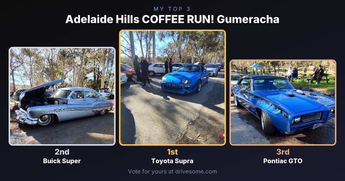 My top 3 at Adelaide Hills COFFEE RUN! Gumeracha:

1st: Toyota Supra
2nd: Buick Super
3rd: Pontiac GTO

Think you'd pick