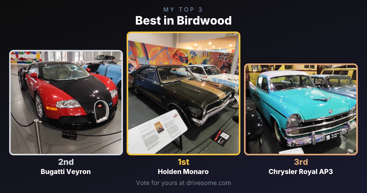 My top 3 at Best in Birdwood:

1st: Holden Monaro HT
2nd: Bugatti Veyron
3rd: Chrysler Royal AP3

Think you'd pick diffe