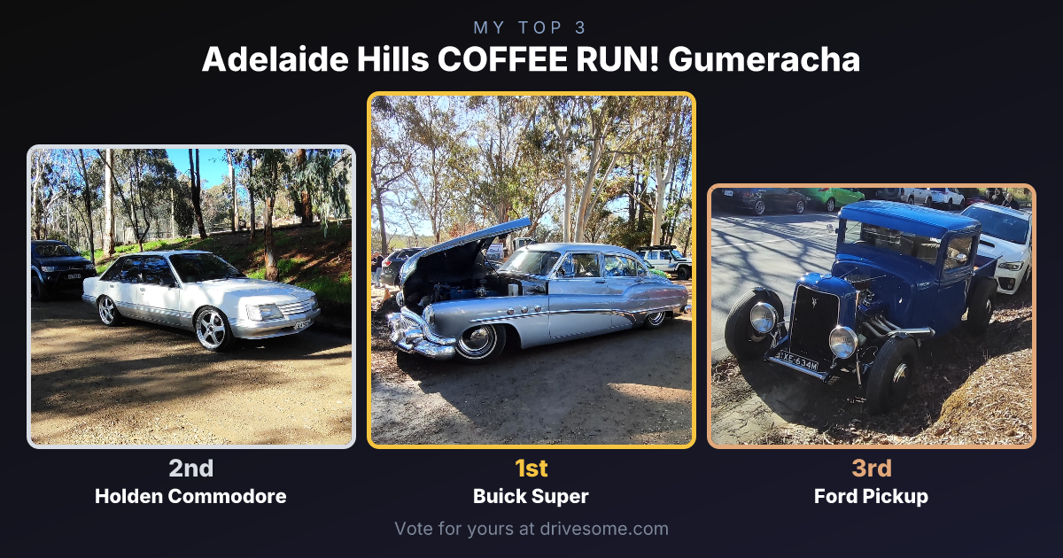 My top 3 at Adelaide Hills COFFEE RUN! Gumeracha:

1st: Buick Super
2nd: White Holden Commodore VK
3rd: Ford Pickup

Thi