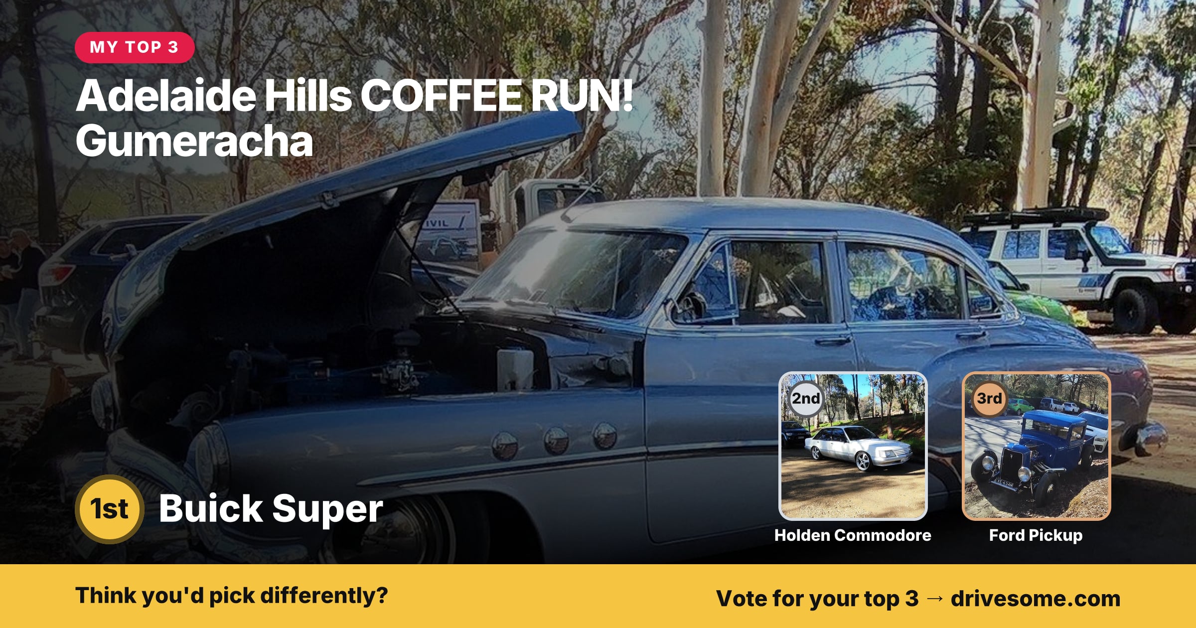 My top 3 at Adelaide Hills COFFEE RUN! Gumeracha:
1st: Buick Super
2nd: White Holden Commodore VK
3rd: Ford Pickup
Thi