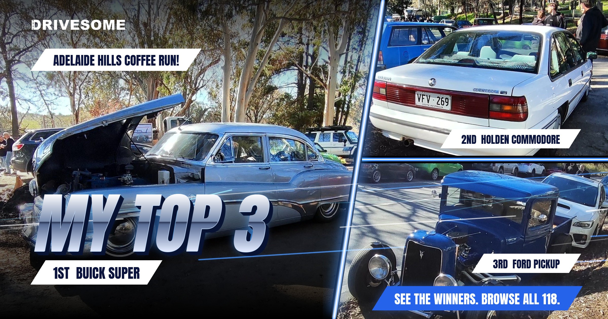 My top 3 at Adelaide Hills COFFEE RUN! Gumeracha:
1st: Buick Super
2nd: White Holden Commodore VK
3rd: Ford Pickup
Thi