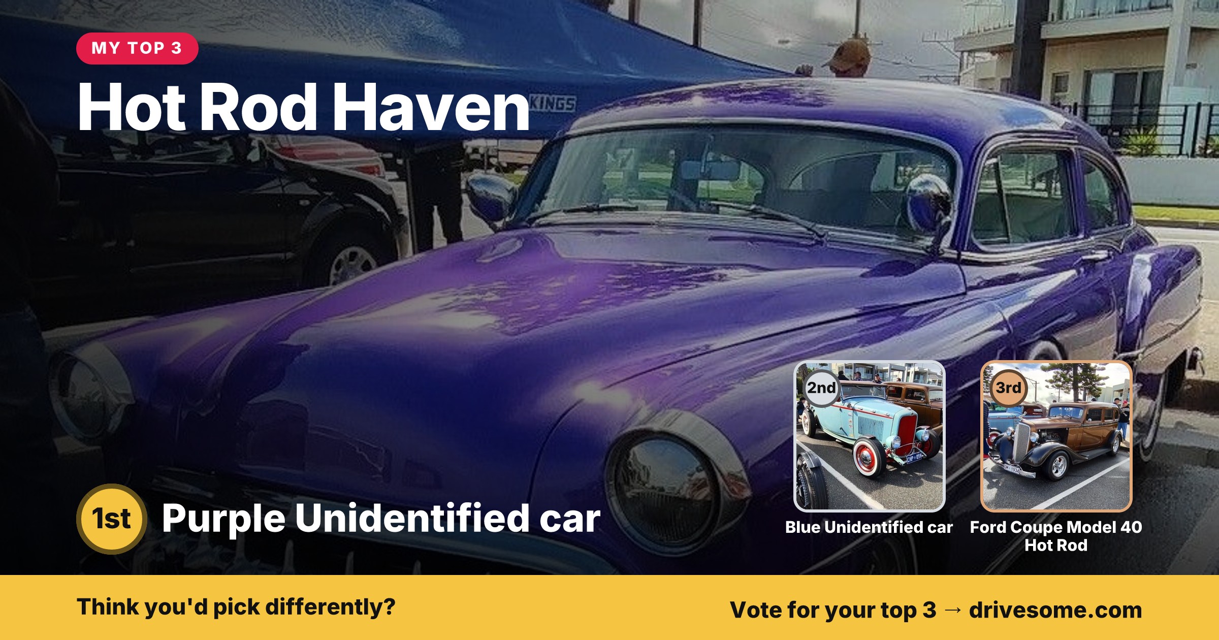 My top 3 at Hot Rod Haven:

1st: Purple Unidentified car
2nd: Blue Unidentified car
3rd: Ford Coupe Model 40 Hot Rod

Th
