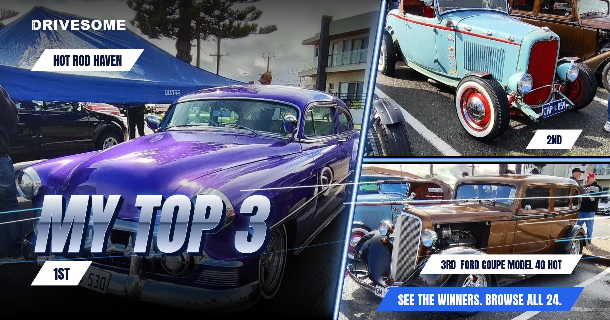My top 3 at Hot Rod Haven:
1st: Purple Unidentified car
2nd: Blue Unidentified car
3rd: Ford Coupe Model 40 Hot Rod
Th