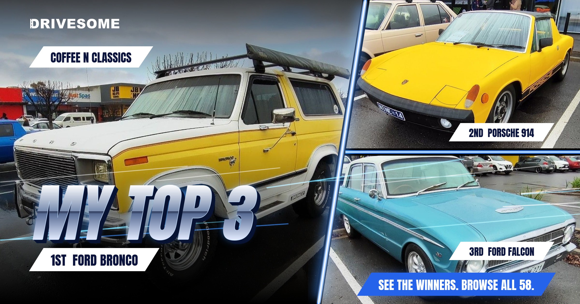 My top 3 at Coffee N Classics:
1st: Ford Bronco 2nd Gen
2nd: Porsche 914
3rd: Teal Ford Falcon XK
Think you'd pick dif