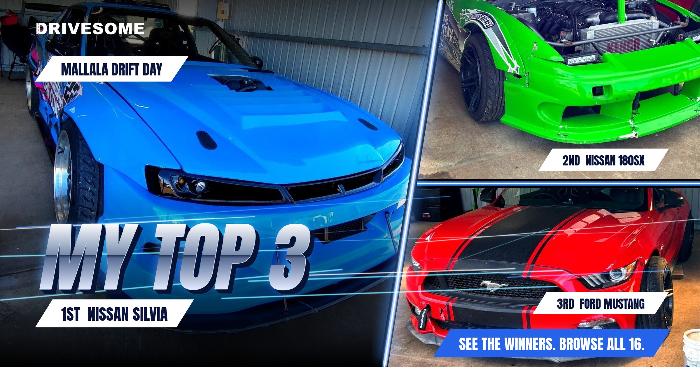 My top 3 at Mallala Drift Day:
1st: Nissan Silvia S14a
2nd: Green Nissan 180SX S13
3rd: Ford Mustang
Think you'd pick
