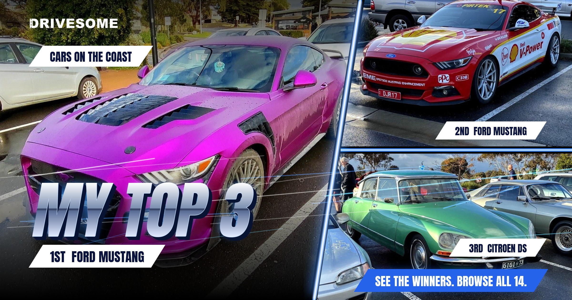 My top 3 at Cars on the Coast:
1st: Purple Ford Mustang S550
2nd: Ford Mustang S197 GT 5.0
3rd: Citroen DS
Think you'd