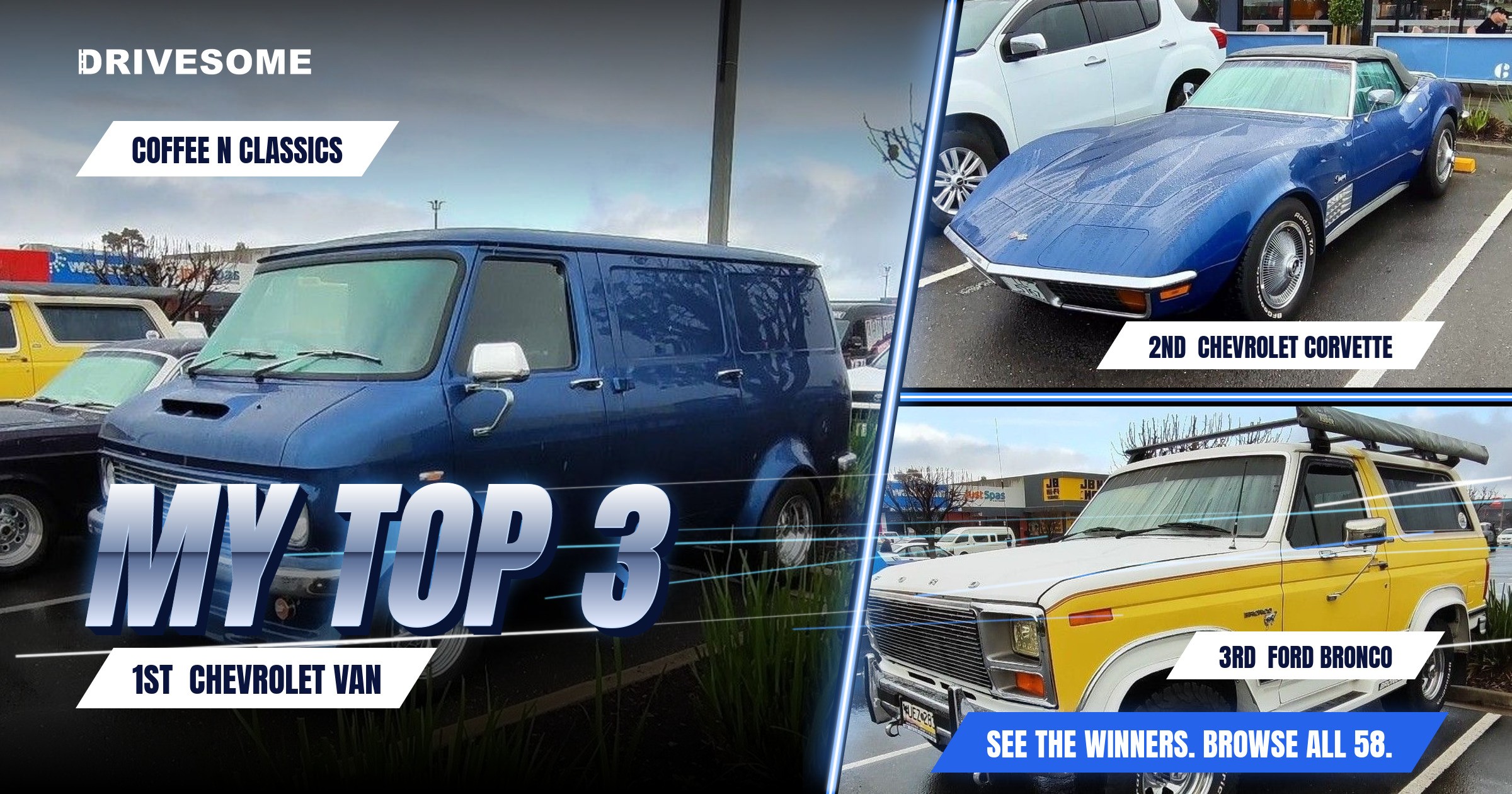My top 3 at Coffee N Classics:

1st: Chevrolet Van
2nd: Blue Chevrolet Corvette C3
3rd: Ford Bronco 2nd Gen

Think you'd
