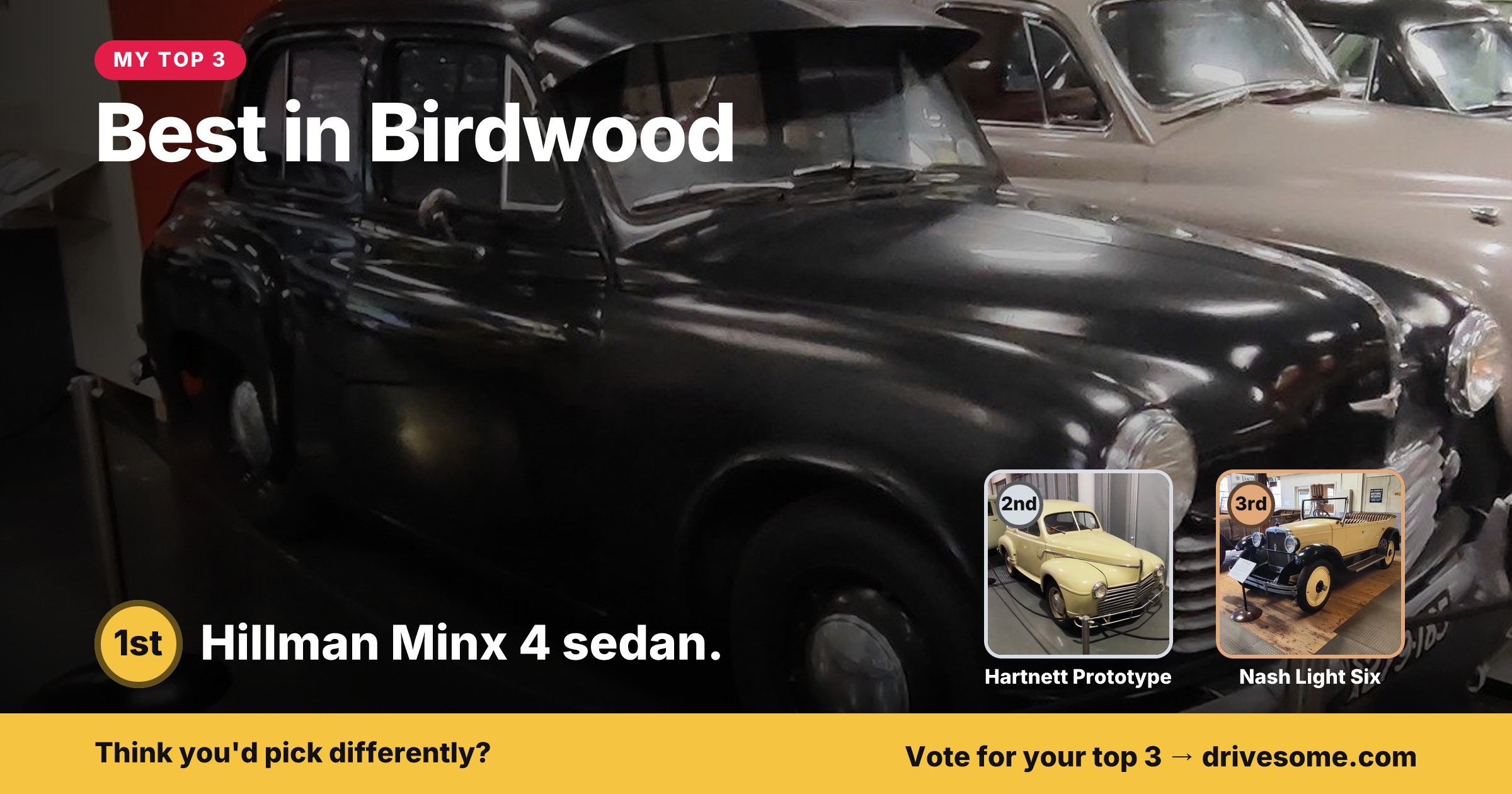 My top 3 at Best in Birdwood:

1st: Hillman Minx 4 sedan.
2nd: Hartnett Prototype
3rd: Nash Light Six

Think you'd pick 