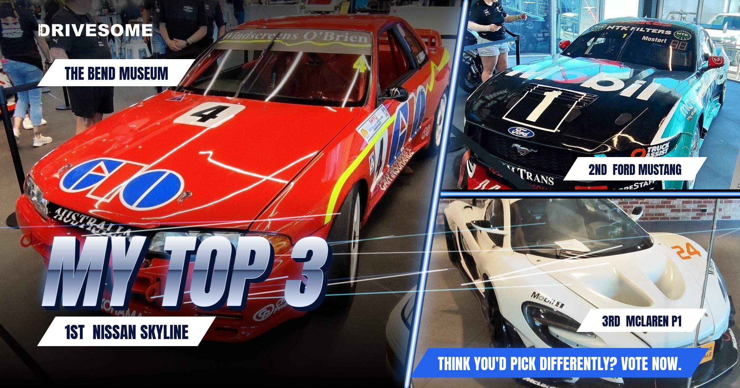 My top 3 at The Bend Museum:
1st: Nissan Skyline
2nd: Black Ford Mustang S550 #2
3rd: McLaren P1
Think you'd pick diff