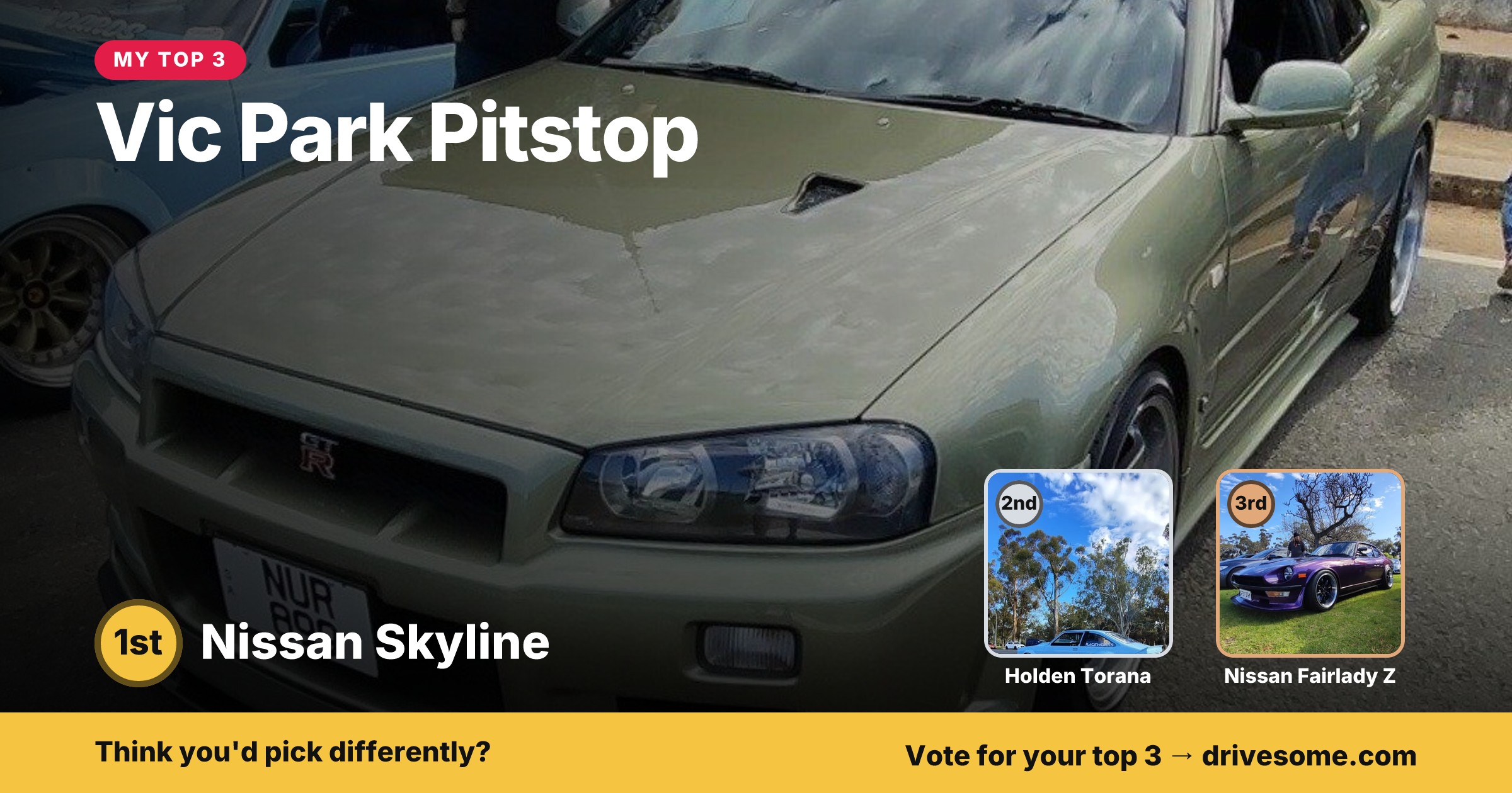 My top 3 at Vic Park Pitstop:

1st: Green Nissan Skyline R34
2nd: Blue Holden Torana LX #2
3rd: Purple Nissan Fairlady Z