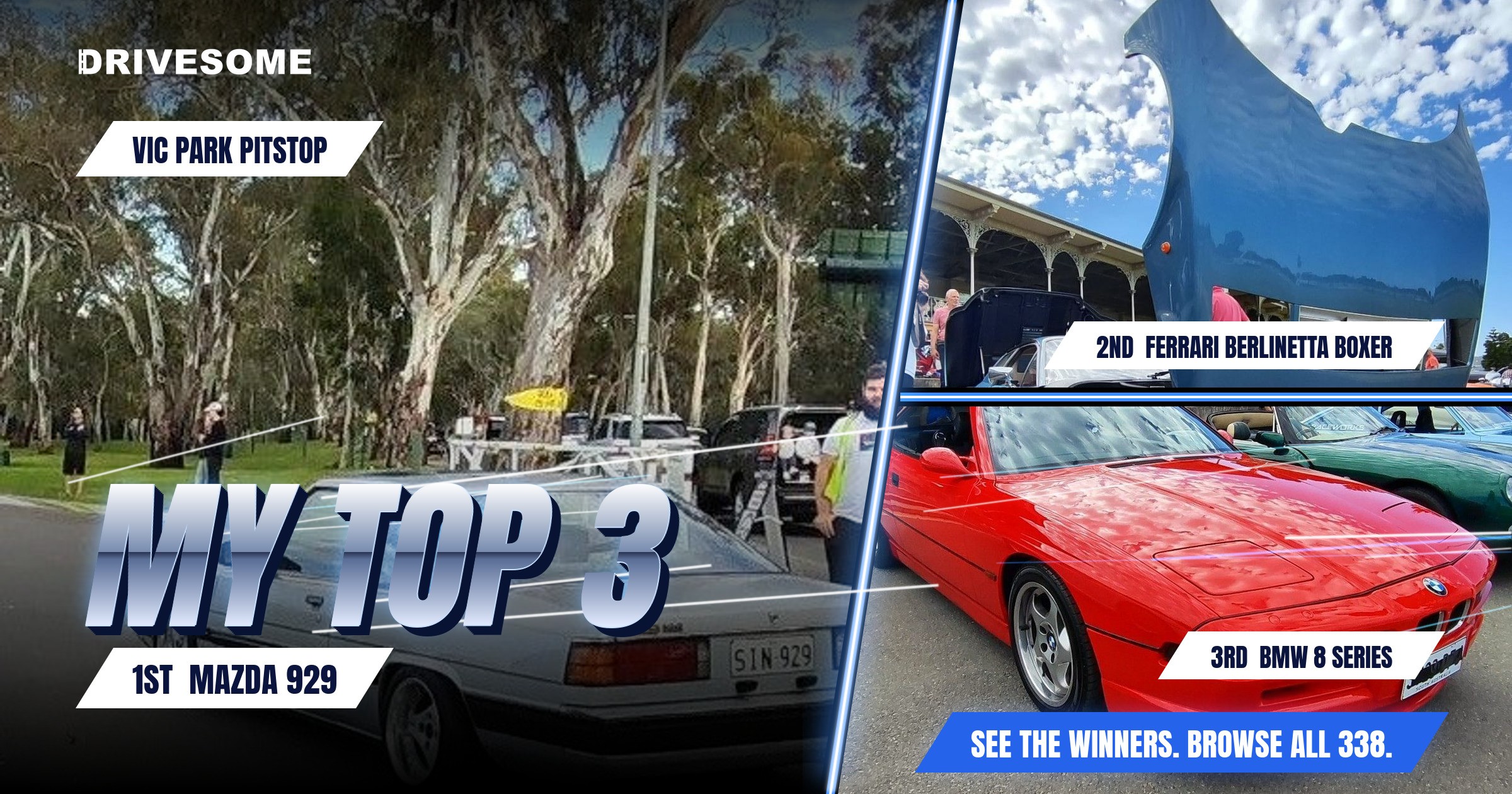 My top 3 at Vic Park Pitstop:
1st: Mazda 929
2nd: Ferrari 512 BB
3rd: BMW 8 Series
Think you'd pick differently? Votin