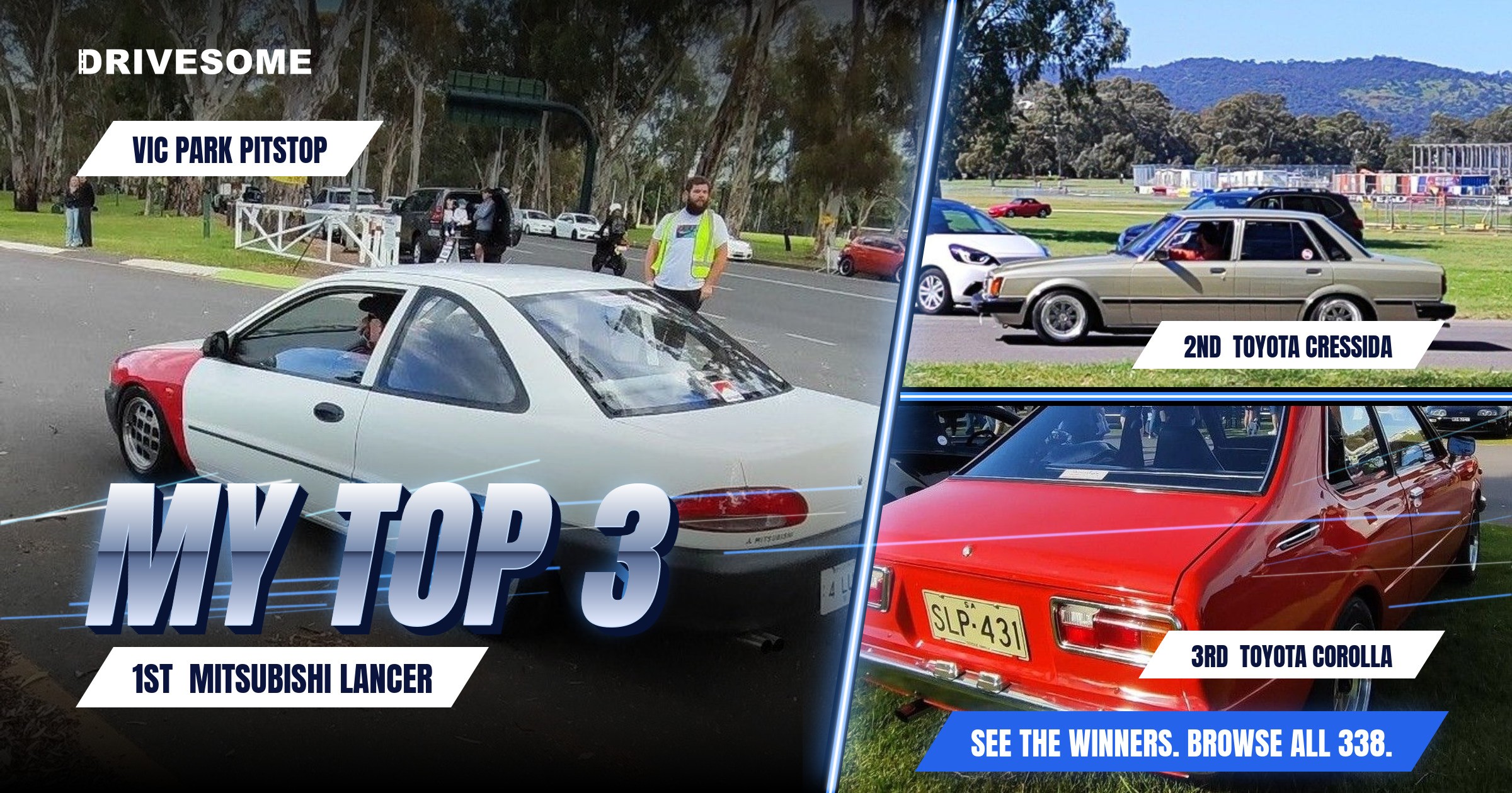 My top 3 at Vic Park Pitstop:
1st: White Mitsubishi Lancer CC
2nd: Toyota Cressida
3rd: Toyota Corolla E30
Think you'd
