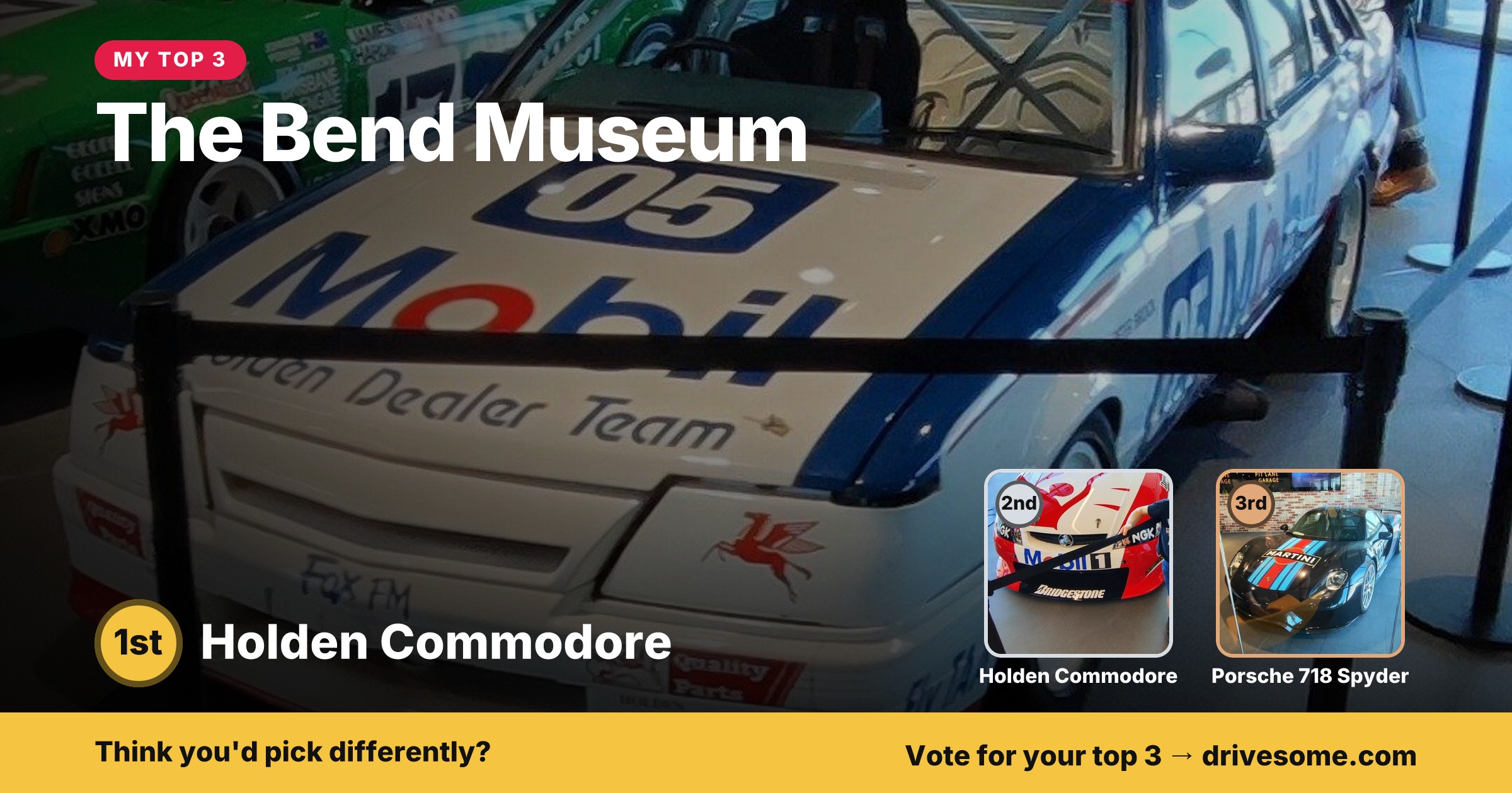 My top 3 at The Bend Museum:
1st: Nissan Skyline
2nd: McLaren P1
3rd: White Holden Commodore VK #1
Think you'd pick di