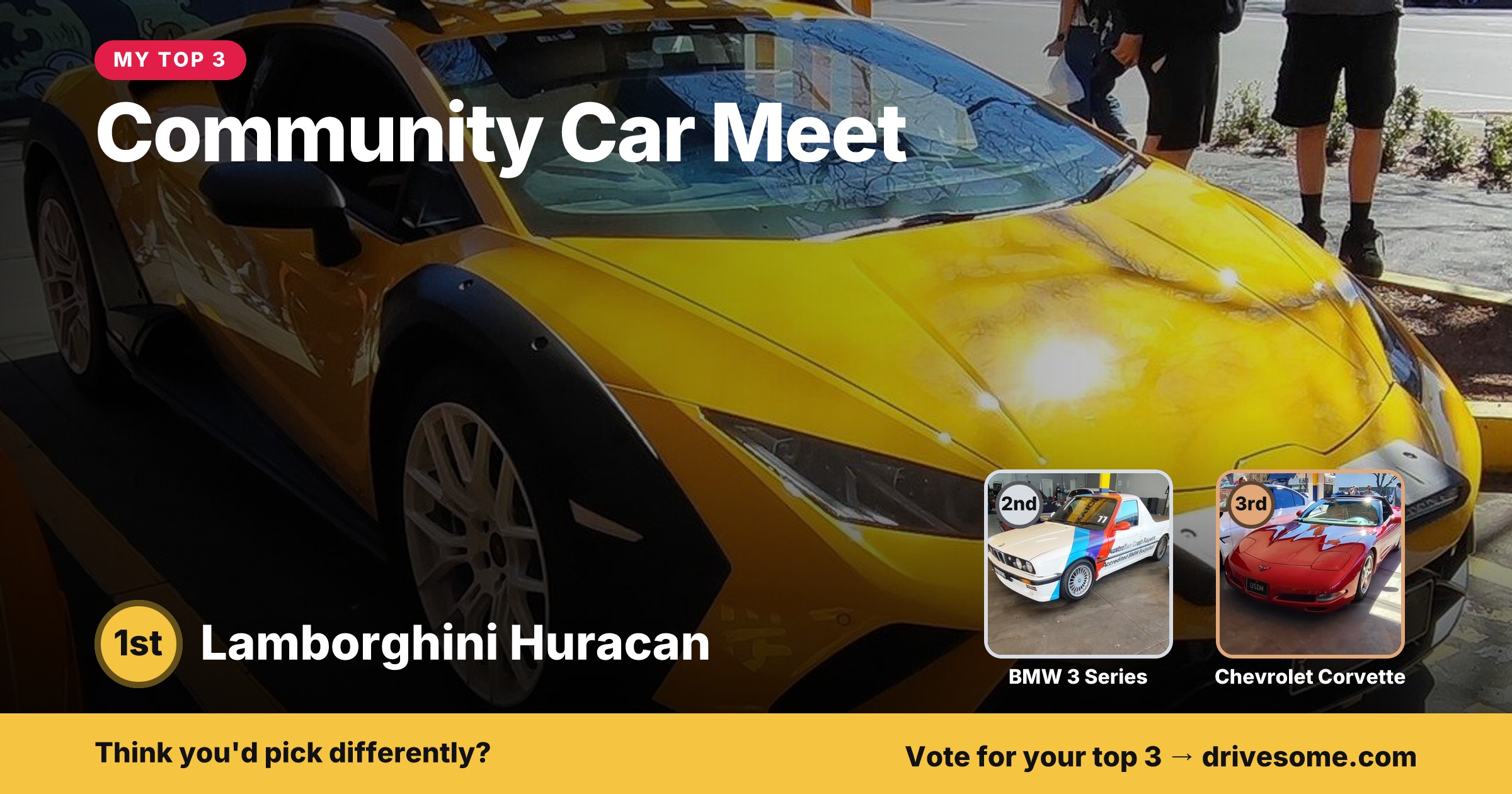 My top 3 at Community Car Meet:

1st: Lamborghini Huracan
2nd: BMW 3 Series
3rd: Chevrolet Corvette C5

Think you'd pick