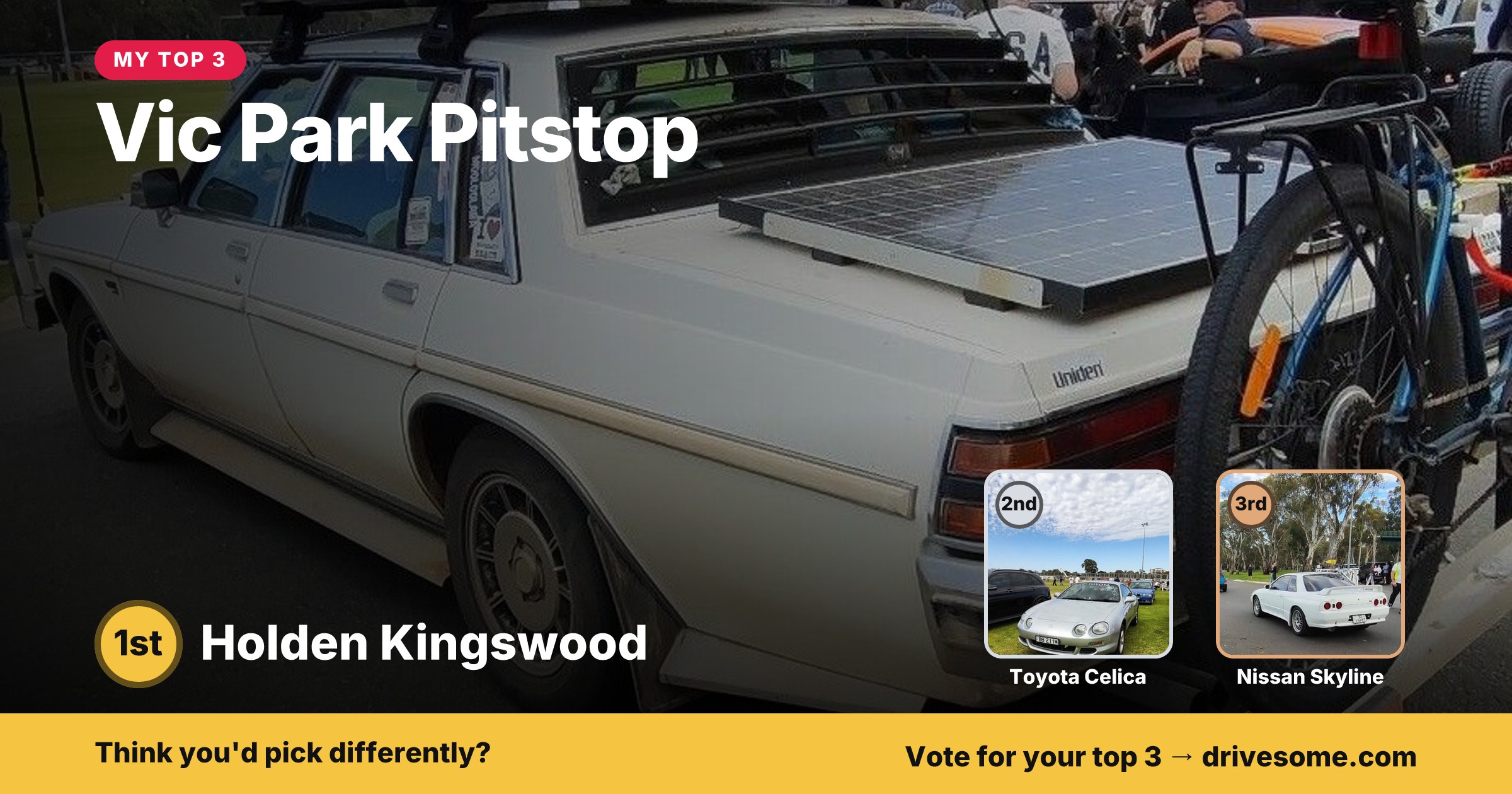 My top 3 at Vic Park Pitstop:

1st: White Holden Kingswood HZ #4
2nd: Silver Toyota Celica T200
3rd: White Nissan Skylin