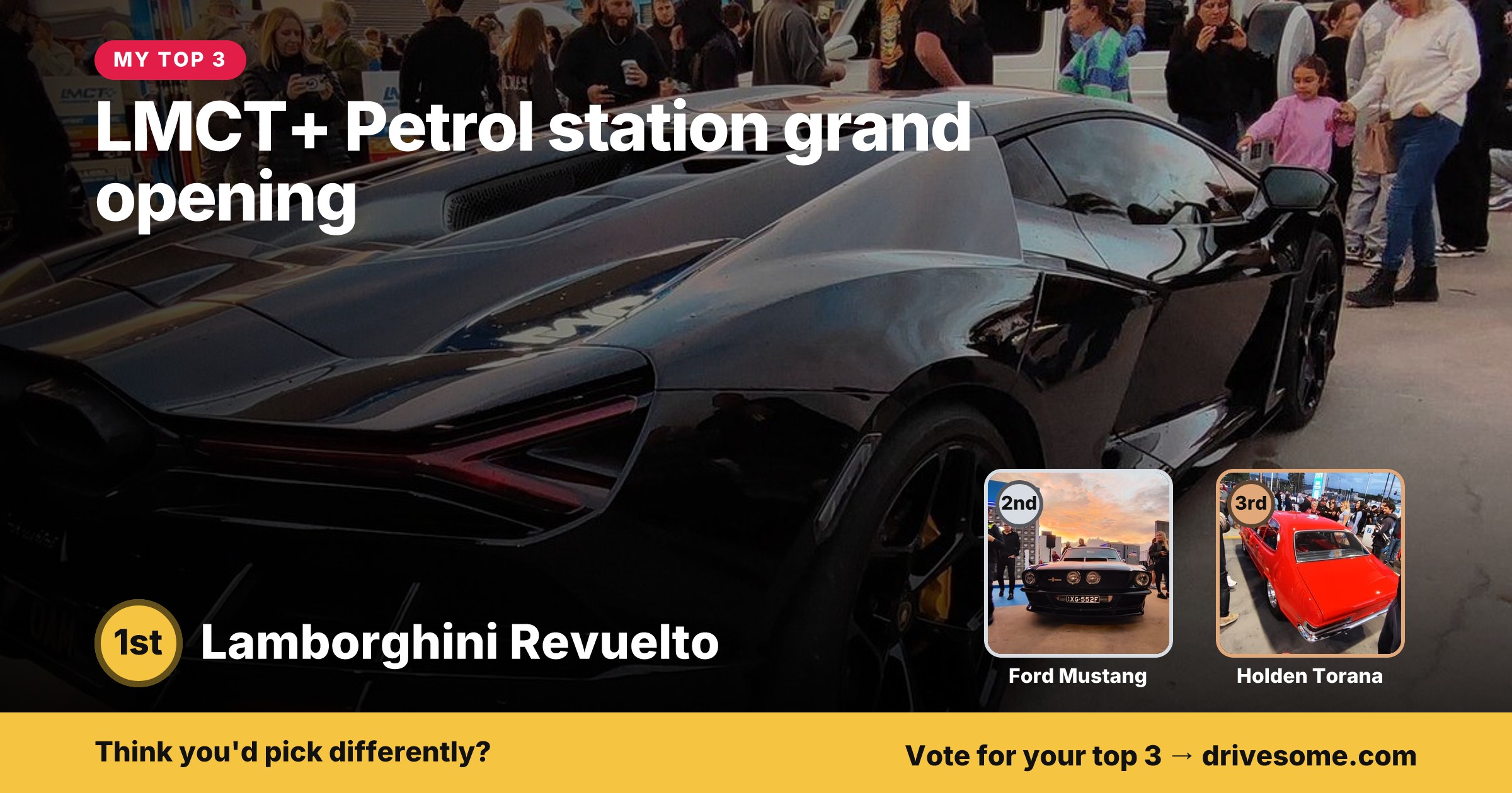 My top 3 at LMCT+ Petrol station grand opening:

1st: Lamborghini Revuelto
2nd: Ford Mustang
3rd: Holden Torana

Think y