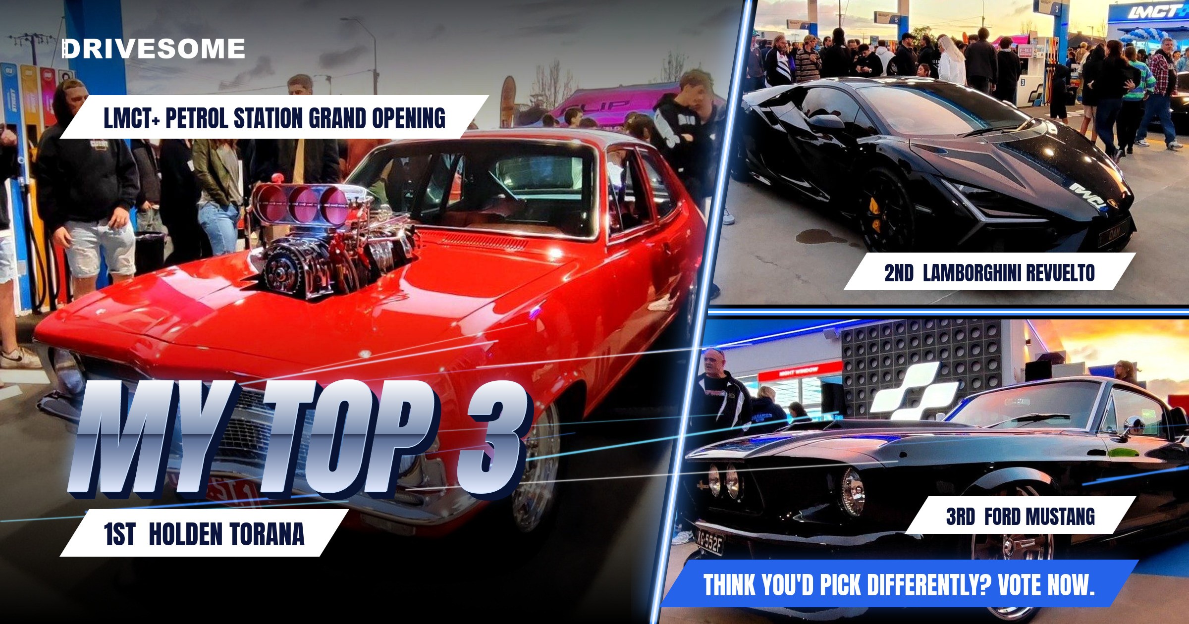 My top 3 at LMCT+ Petrol station grand opening:
1st: Holden Torana
2nd: Lamborghini Revuelto
3rd: Ford Mustang
Think y