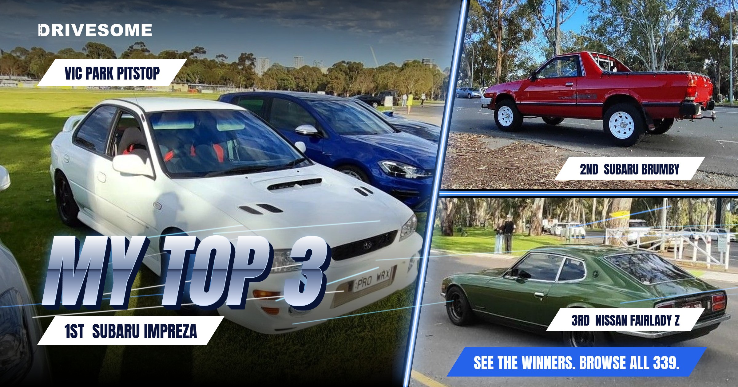 My top 3 at Vic Park Pitstop:
1st: Subaru Impreza GC
2nd: Subaru brumby
3rd: Nissan Fairlady Z S30 #1
Think you'd pick