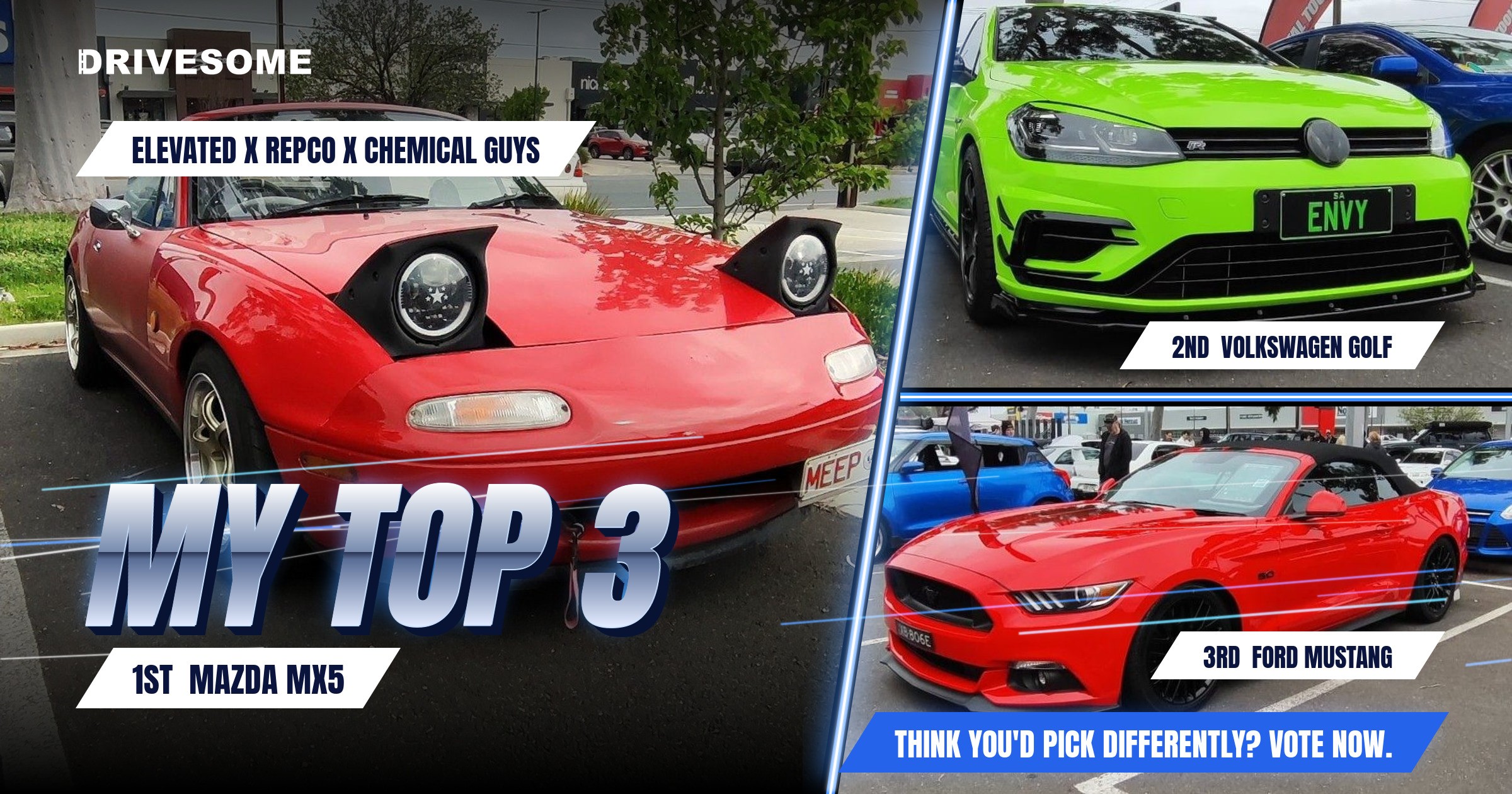 My top 3 at Elevated x Repco x Chemical Guys:
1st: Mazda MX5
2nd: Volkswagen Golf
3rd: Ford Mustang
Think you'd pick d