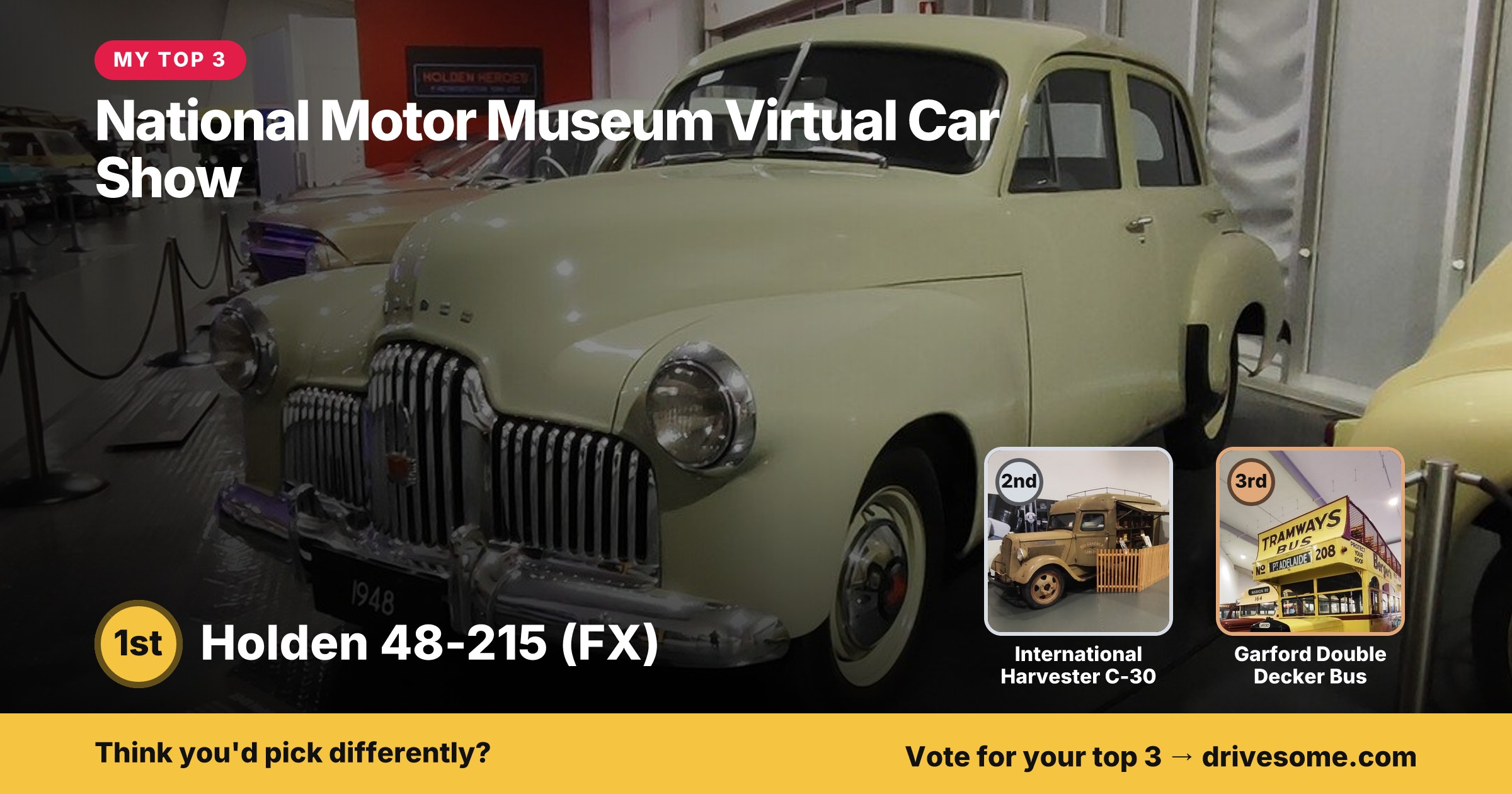 My top 3 at National Motor Museum Virtual Car Show:

1st: Rolls-Royce Phantom
2nd: Nissan Patrol
3rd: Delage D8S

Think 