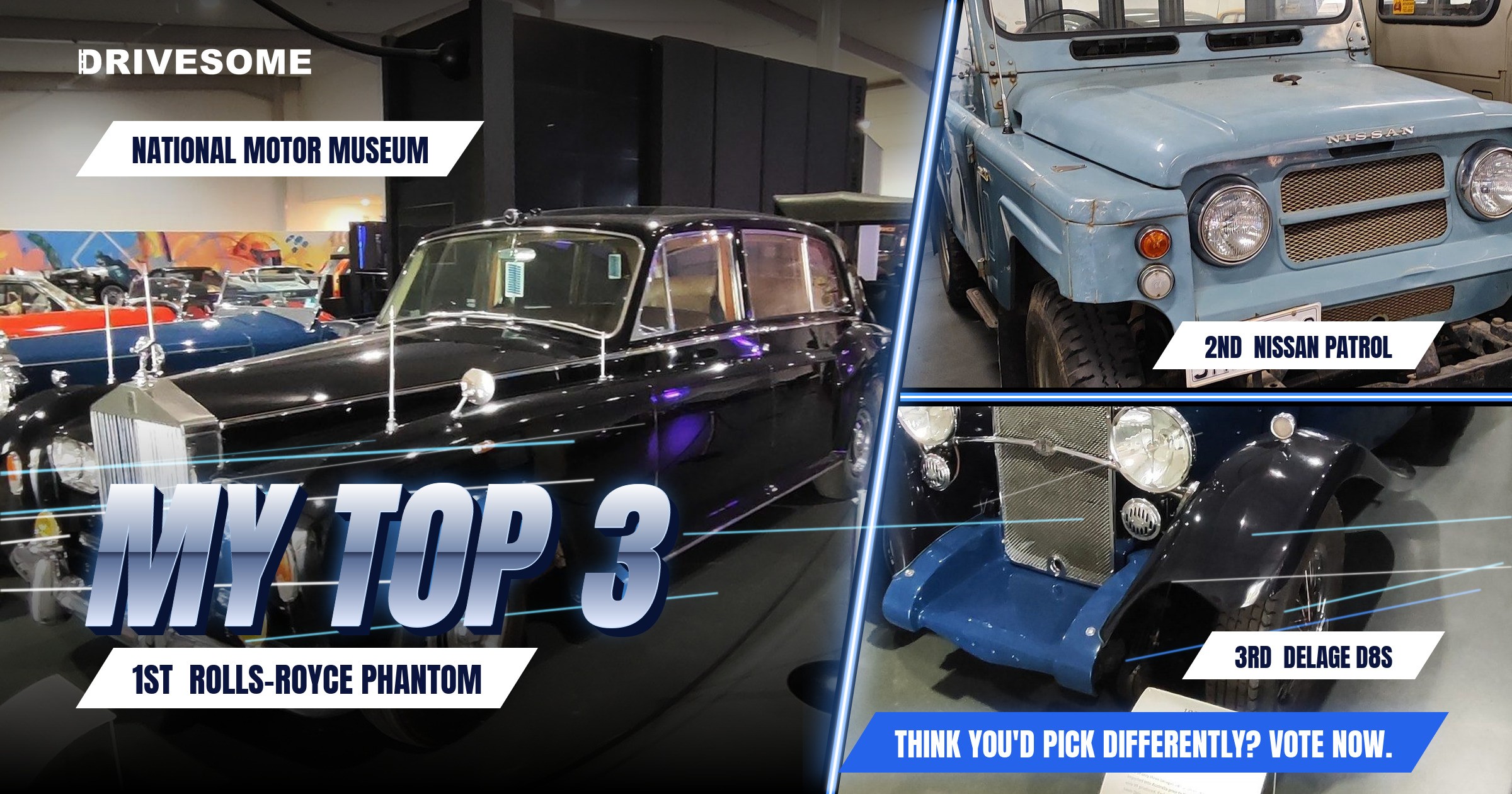 My top 3 at National Motor Museum Virtual Car Show:
1st: Rolls-Royce Phantom
2nd: Nissan Patrol
3rd: Delage D8S
Think