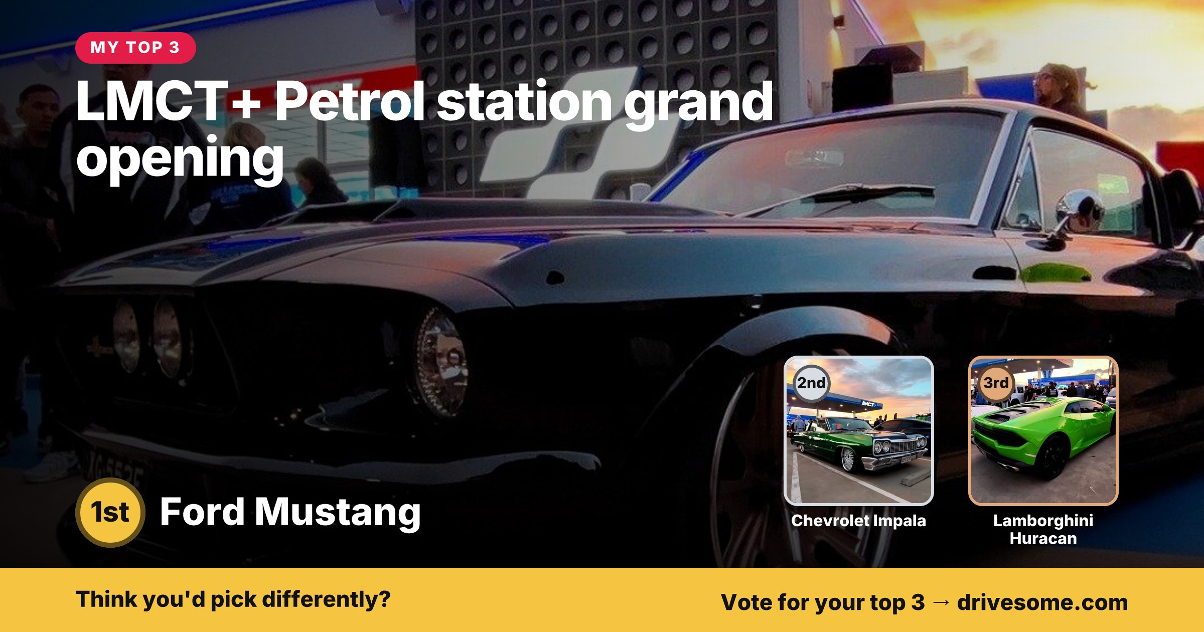 My top 3 at LMCT+ Petrol station grand opening:

1st: Holden Torana
2nd: Ferrari 296
3rd: Black Mercedes-Benz G-Class W4