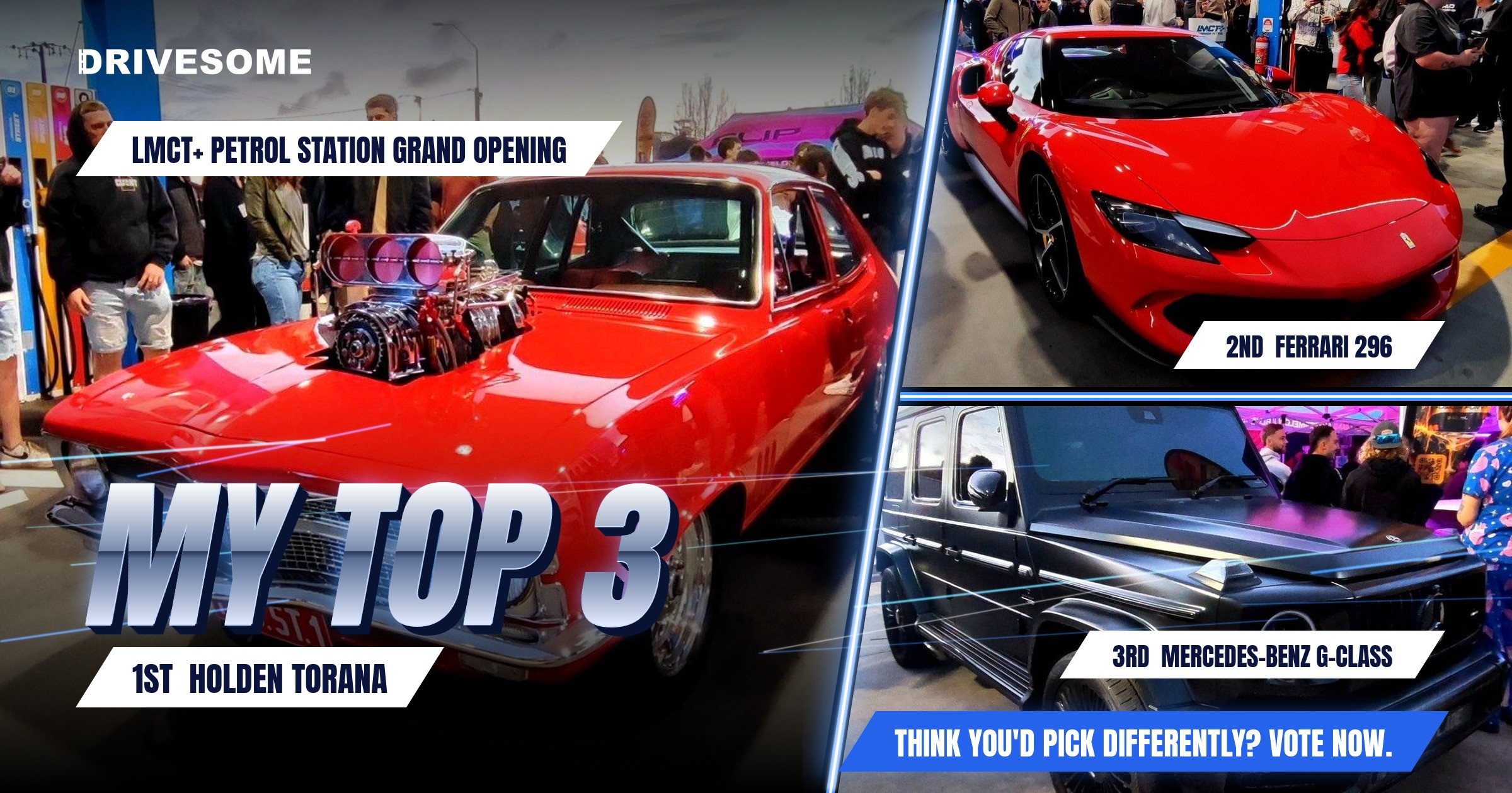 My top 3 at LMCT+ Petrol station grand opening:
1st: Holden Torana
2nd: Ferrari 296
3rd: Black Mercedes-Benz G-Class W4
