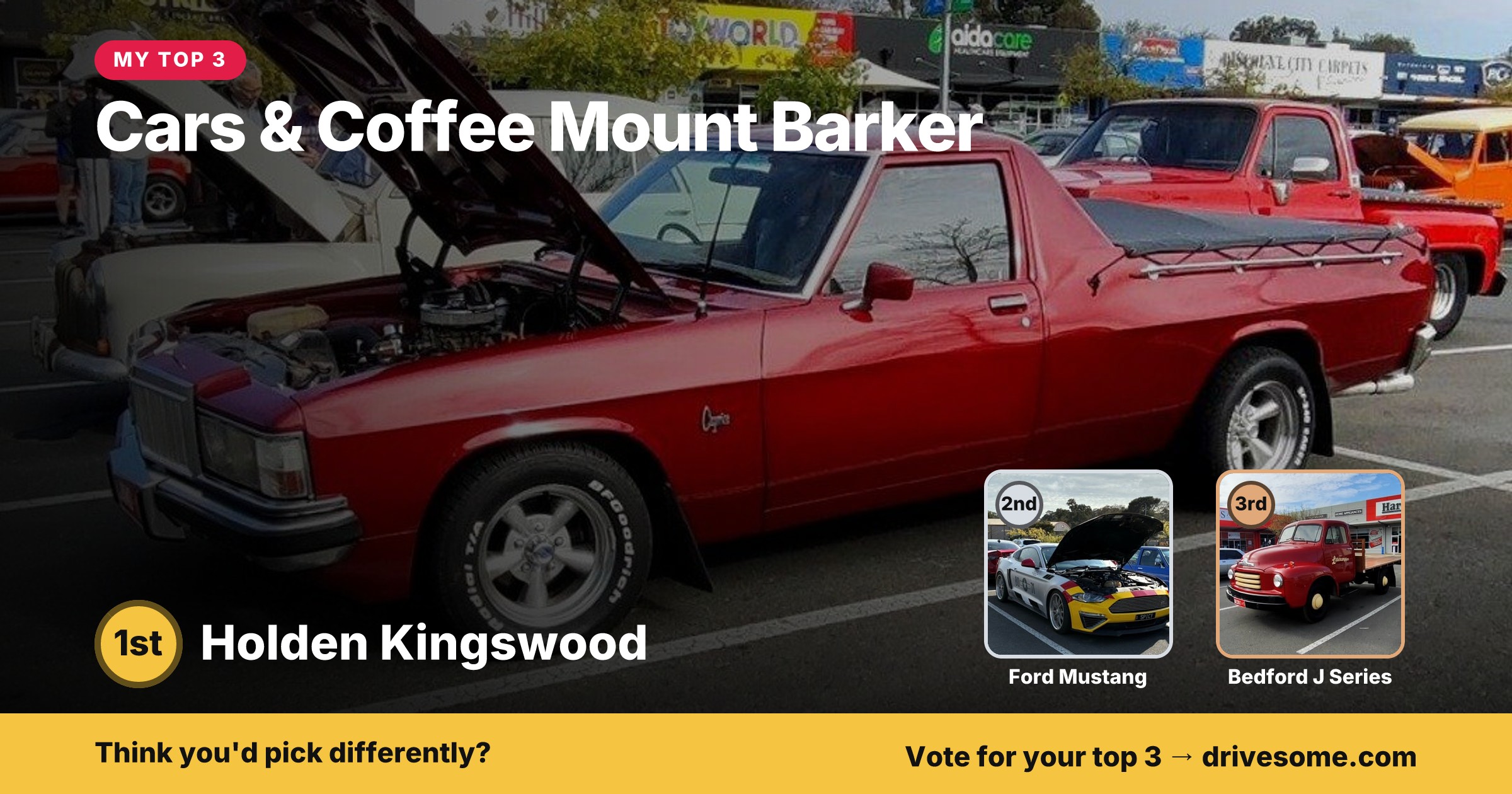 My top 3 at Cars & Coffee Mount Barker:
1st: Datsun 280ZX
2nd: Green Ford Mustang 1st Gen
3rd: Chevrolet Apache
Think