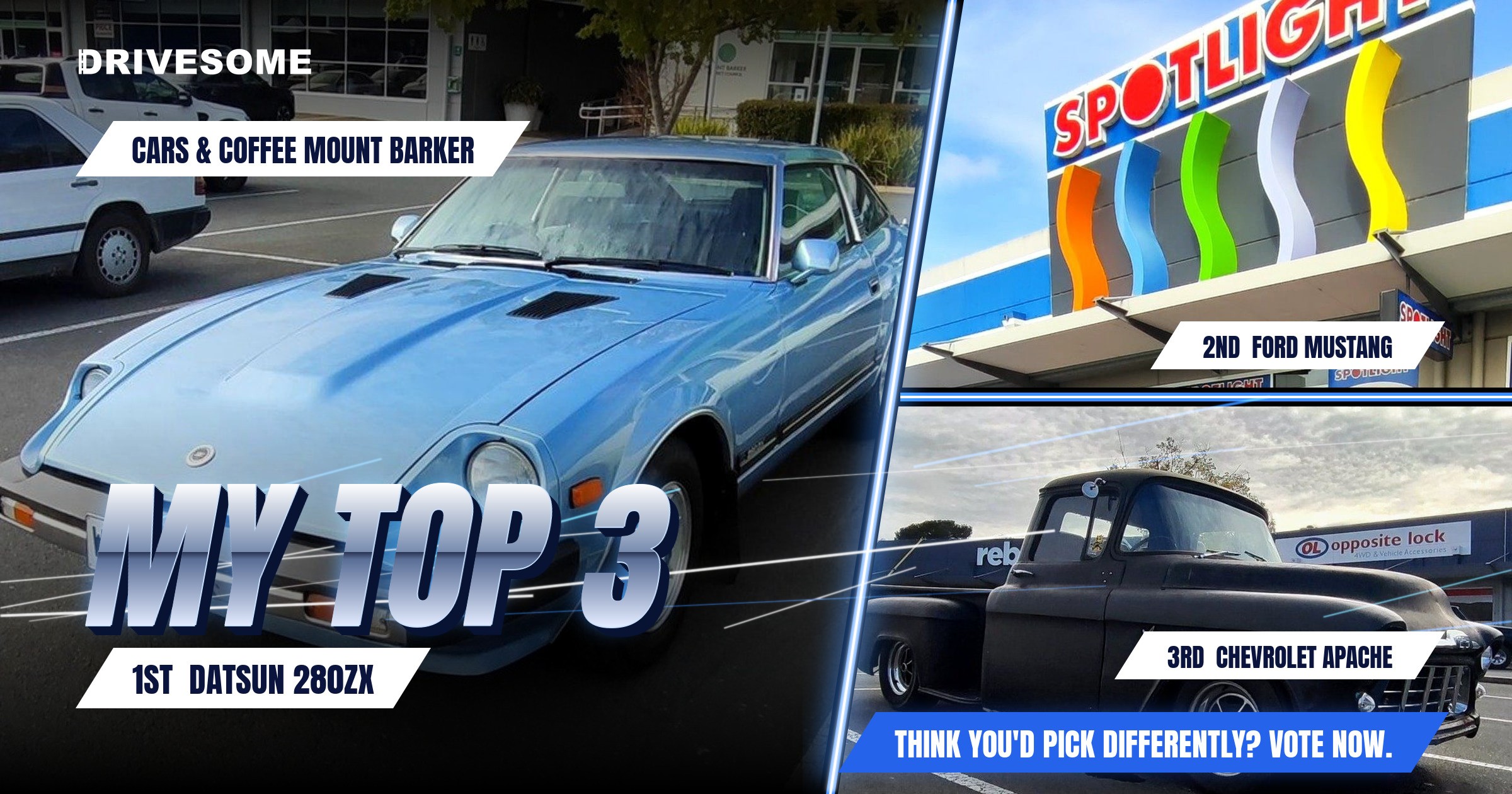 My top 3 at Cars & Coffee Mount Barker:
1st: Datsun 280ZX
2nd: Green Ford Mustang 1st Gen
3rd: Chevrolet Apache
Think
