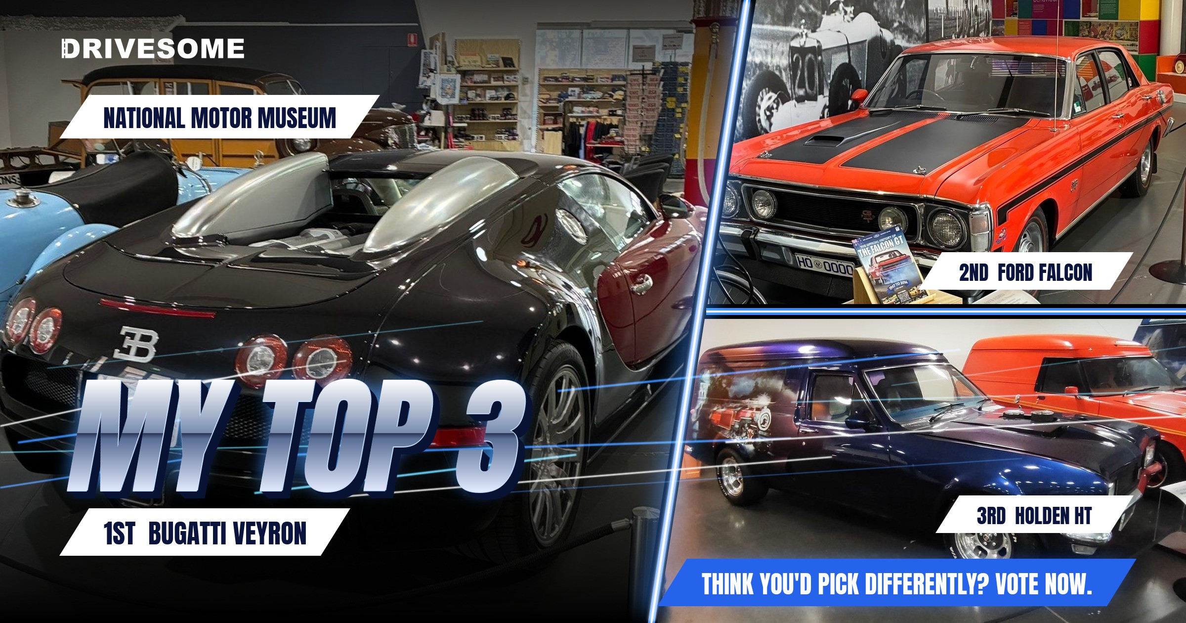 My top 3 at National Motor Museum Virtual Car Show:

1st: Bugatti Veyron EB 16.4 #2
2nd: Ford Falcon XW
3rd: Holden HT E