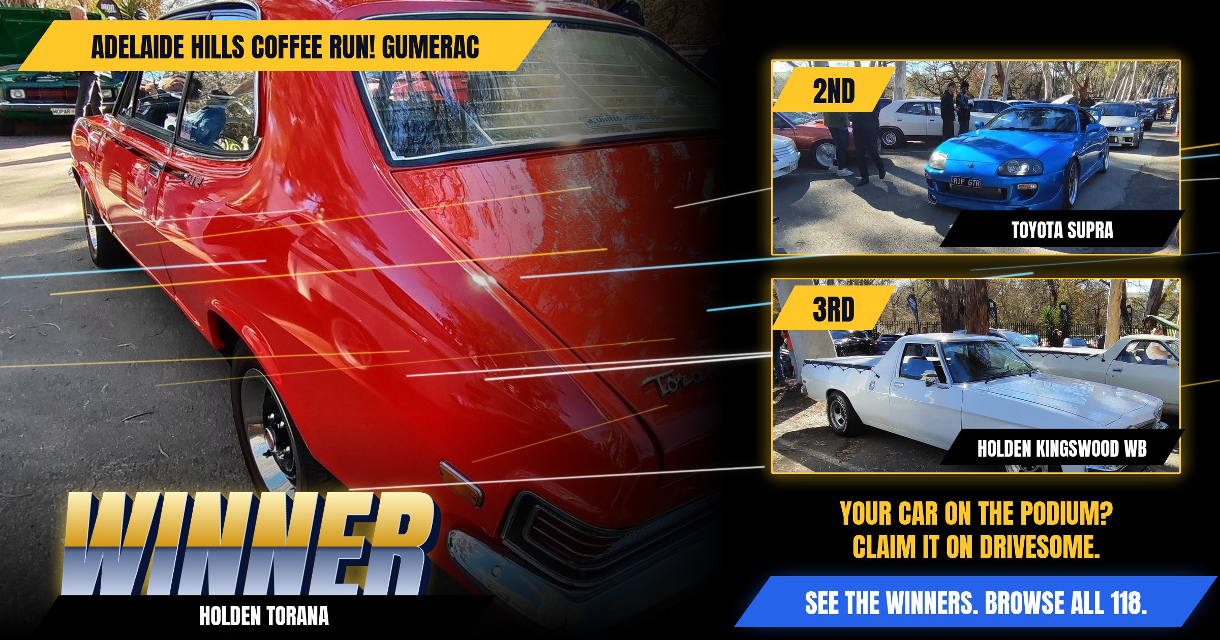 The votes are in. Your Adelaide Hills COFFEE RUN! Gumeracha Virtual Car Show winners:

1st: Holden Torana
2nd: Toyota Su