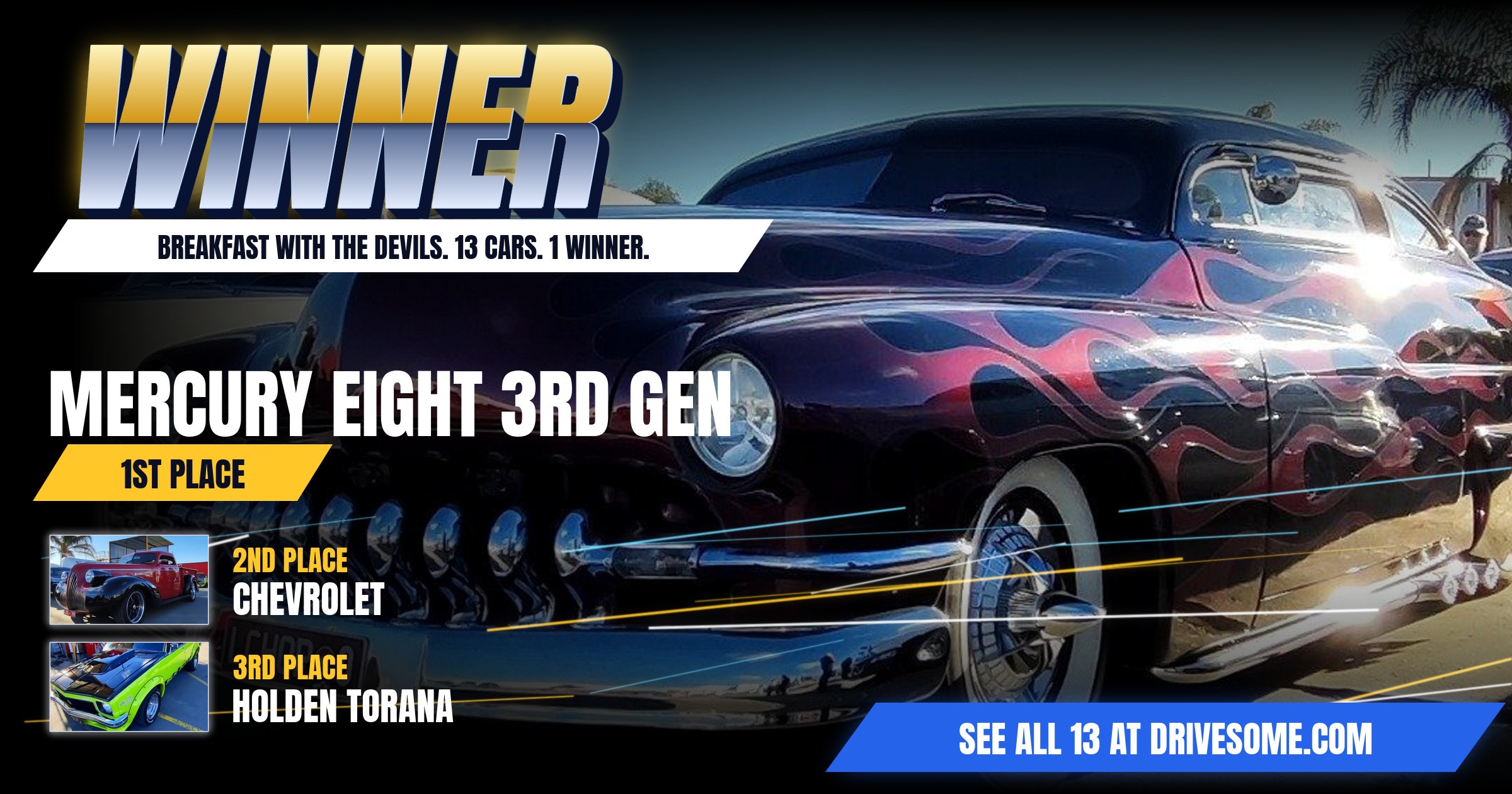The votes are in. Your Breakfast with the Devils Virtual Car Show winners:
1st: Mercury Eight 3rd Gen Coupe (LCHOPO)
2n
