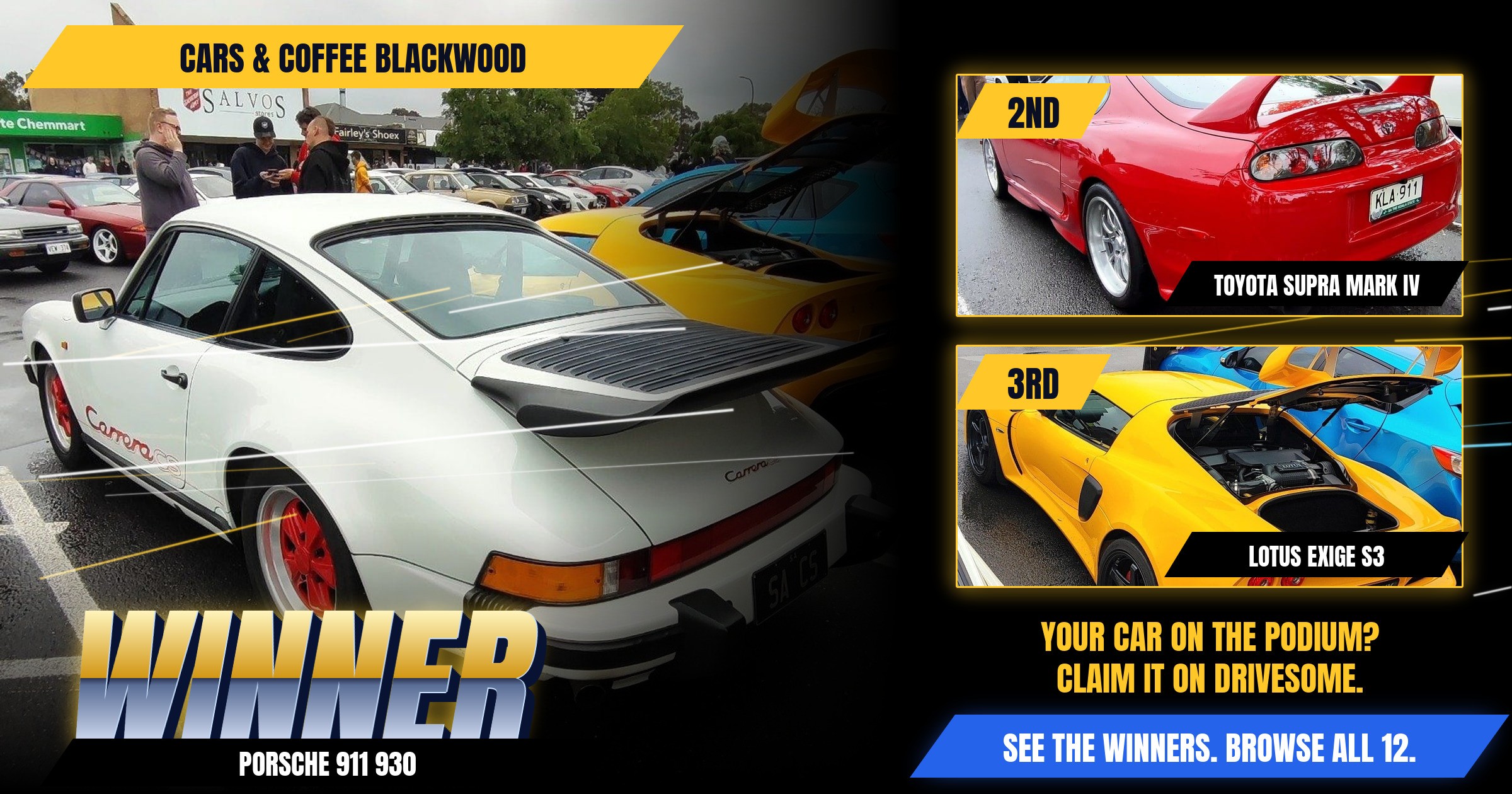 The votes are in. Your Cars & Coffee Blackwood Virtual Car Show winners:
1st: Porsche 911 930
2nd: Toyota Supra Mark IV